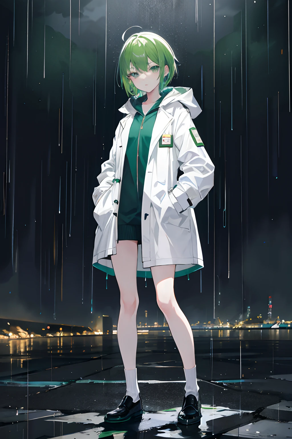 1girll,frivolous，Night City,rain,White coat,Hands in pockets，Green hair，short detailed hair，Dark green eyes，Short socks，Thin，alchemic，