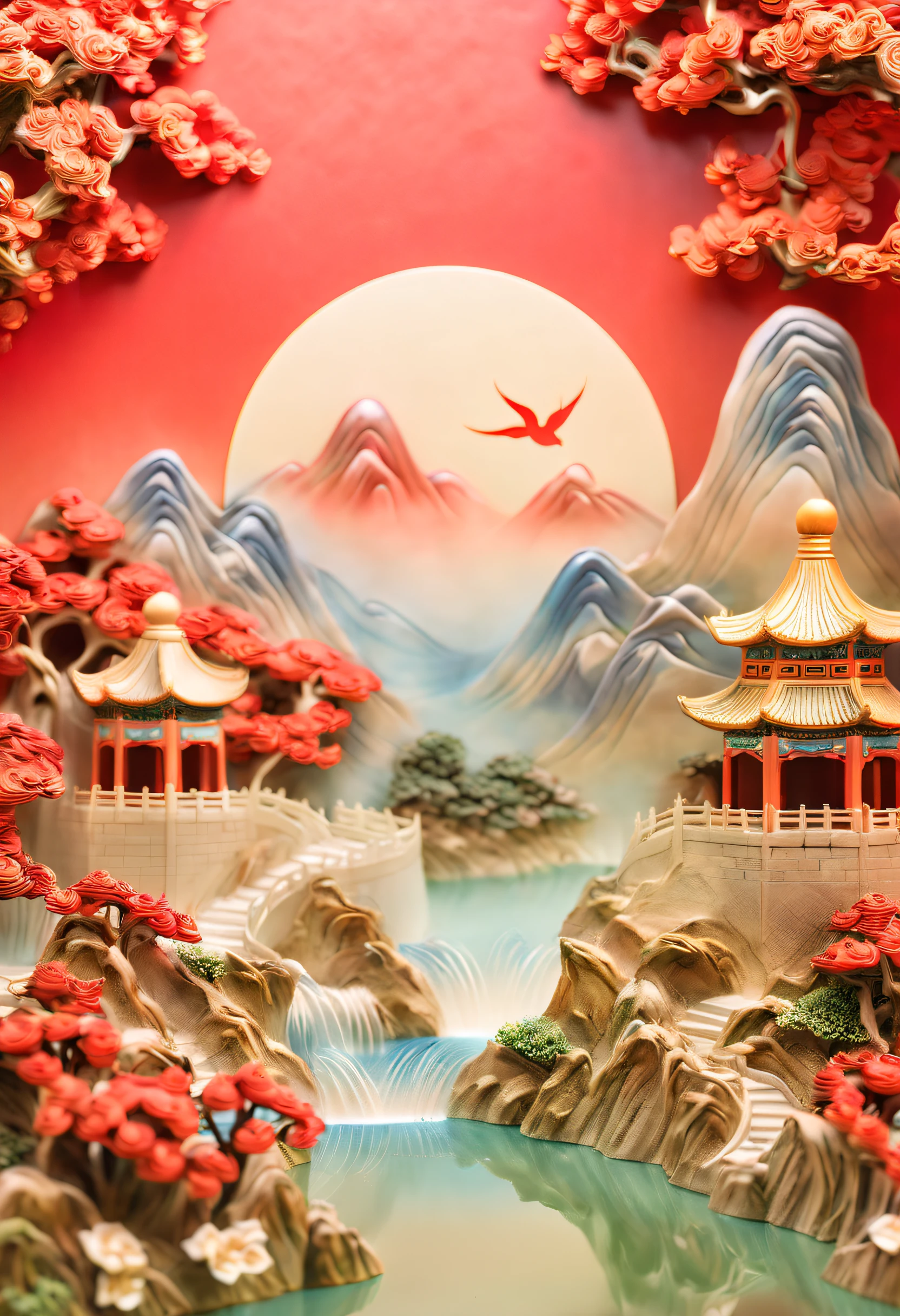 Gradient background, Ceramics, Red, diorama, red Chinese garden, crescent moon, Great Wall, Chinese mythical animalred rosefinch, fantasy, grassland, mountains, flowers, cascading waterfalls, magical light effects, masterpiece, ultra-delicate, threedimensional, ultra-rich, ultra-detailed , 32k, golden cloud, Forbidden City, Fountain, Lotus landscape, glass, Chinese