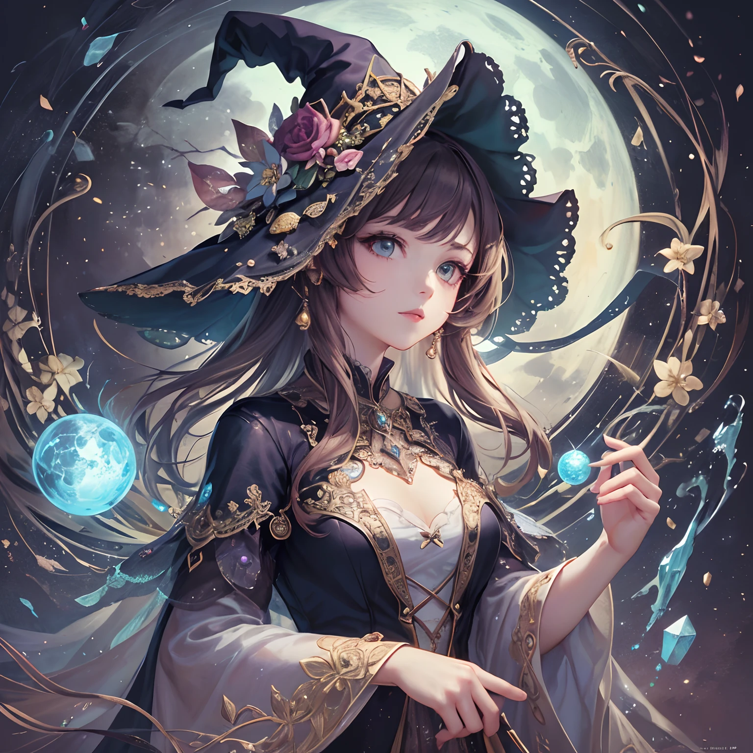 (Masterpiece), ((Highest Quality)),(Official Art),Beautiful Indulgence:1.3),(Dress),(1 Girl: 1.3), A beautiful witch wearing a dress with a detailed and delicate design, sealed in a crystal, and a large tree that grows by taking in the sealed crystal. It shines faintly in the light of the midnight moon. Detailed drawing. Bright colors. Colorful, best detailed ((super detailed)), (highly detailed 2D illustration), ((very delicate and beautiful)) --auto --s2