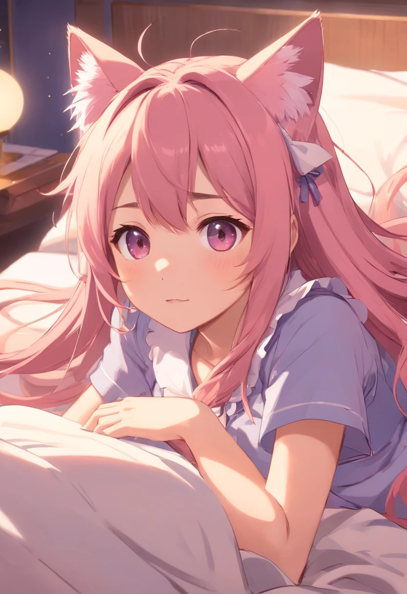 one-girl,Pink Long Hair,Qi bangs,Pink cat ears,Pink cattail,Black maid outfit,maid headdress,Lie down in bed,Shy eyes,Lie on your face,full bodyesbian,Grab the chest with your left hand,hyper HD