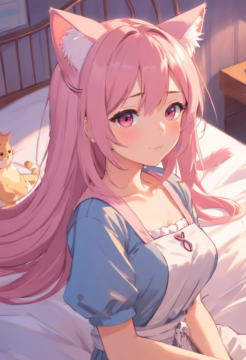 one-girl，Pink Long Hair，Qi bangs，Pink cat ears，Pink cattail，Black maid outfit，maid headdress，Lie down in bed，Shy eyes，Lie on your face，full bodyesbian，Grab the chest with your left hand，hyper HD