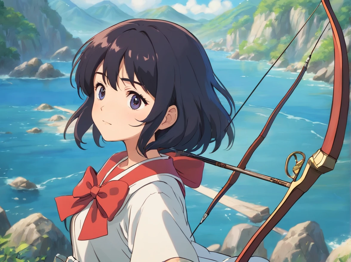 1970s，Animate，girl，with short black hair，bow and arrows，a sailor suit，4K，电影光感，high qulity，the detail