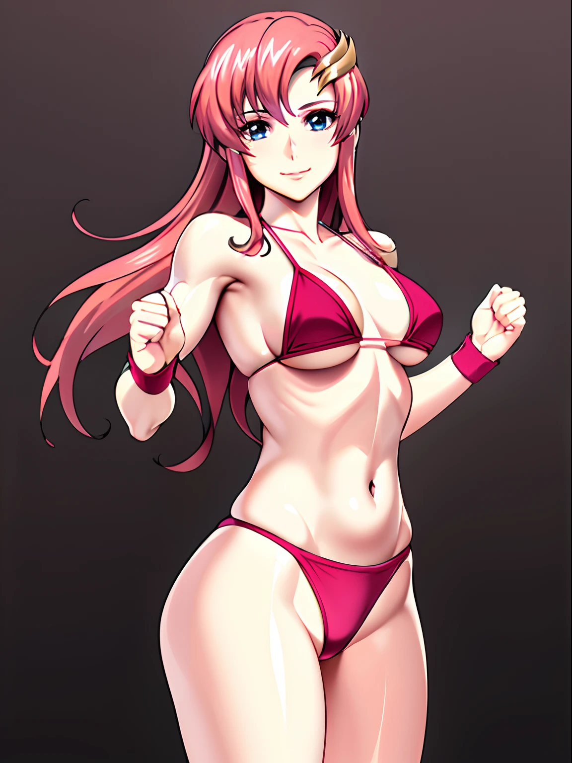 (masterpiece, far view, 4K, Best Quality, Anime style: 1.9,, Adult Woman, ultra detailed face, ((white color only background)), Drawing lines, high resolution, Anime, lacus4), 1girl, Solo, curvy figure, Long hair, 鎖骨, scapular, (Detailed wide hair bangs, Hair Ornament, Detailed reddish-pink hair, golden crest), cleavage, large hands, (female wrestler). (Big blue eyes, shiny eyes), ((female wrestler, little biceps, slender body, broad shoulders, closed fists)), ((perfect proportions, medium breasts, long belly)), (((micro bikini, pink wrestling gear, champion))), happy, smile, , (belly dancing, looking at the viewer), , showing off underarm, (elegant lady), random pose,