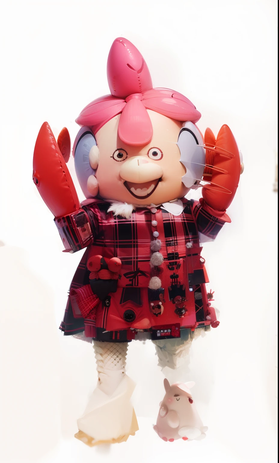 There is a plush doll with pink hair and a red dress, full body mascot, plush mascot, full body with costume, japanese mascot, cosplayer dressed like a crab, stuffed doll, a character based on a haggis, cooking a, madeline from celeste, headcrab, Costume, humanoid pink female squid girl, com mascot, a plush, full clothing