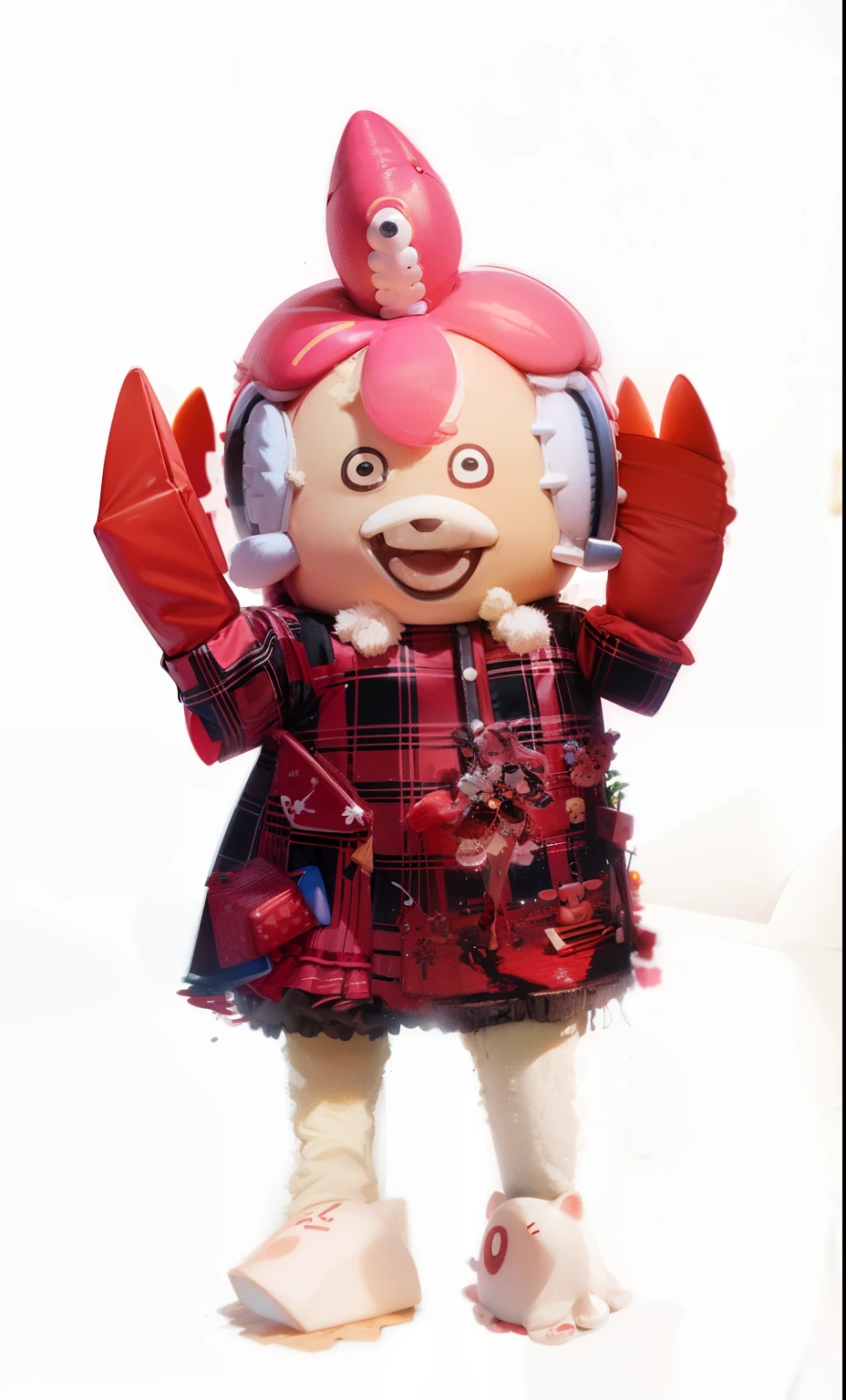 There is a plush doll with pink hair and a red dress, full body mascot, plush mascot, full body with costume, japanese mascot, cosplayer dressed like a crab, stuffed doll, a character based on a haggis, cooking a, madeline from celeste, headcrab, Costume, humanoid pink female squid girl, com mascot, a plush, full clothing