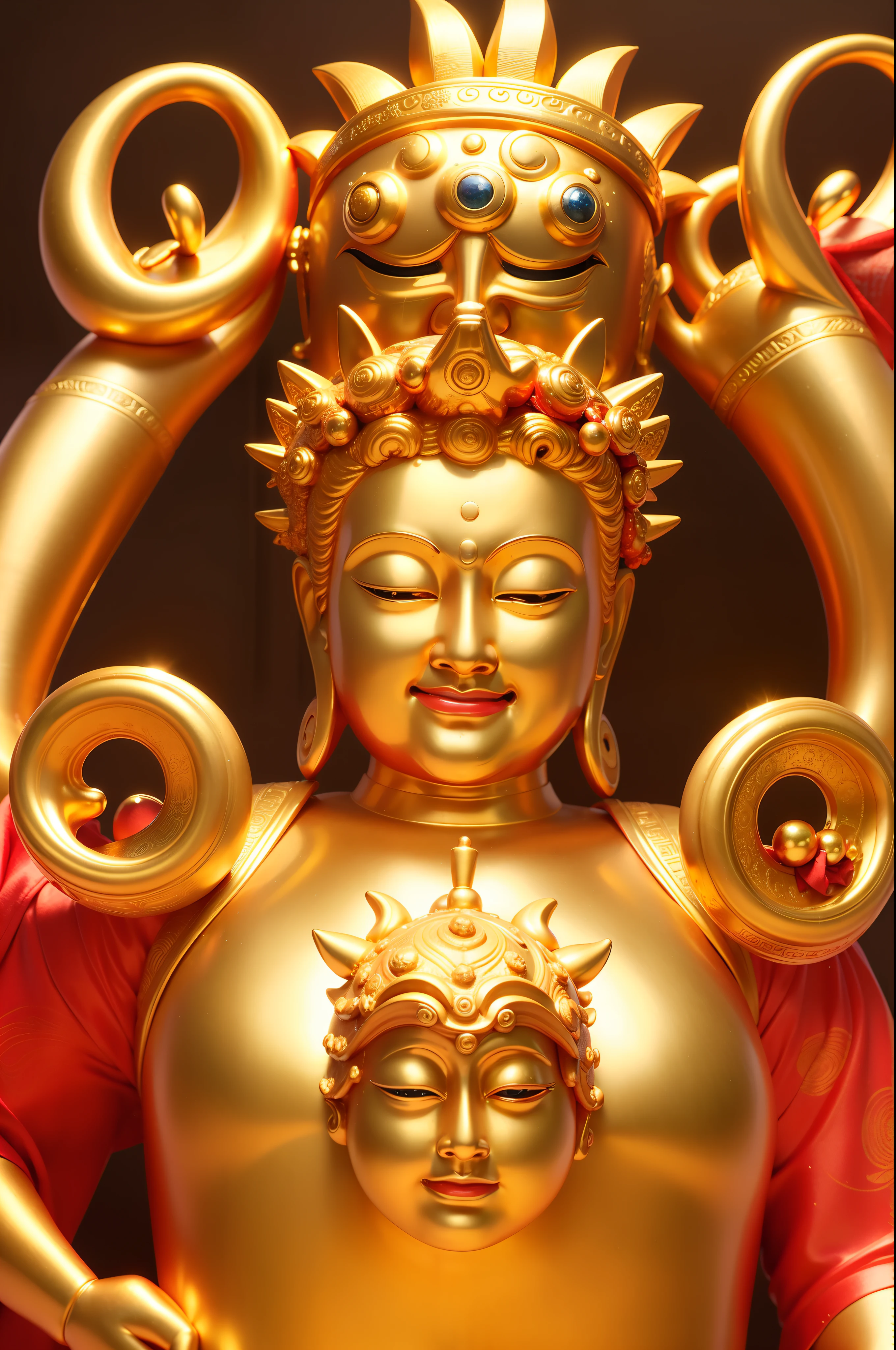 masutepiece, Best Quality, hight resolution,Fantastic,Upper body Full body,1 old god men,Seven lucky gods,benzaiten,daikokuten,Buddhist statue sculpture, Bald, Smile, shining background,Halo,golden colors,Golden kimono,Japanese dress,Clothes,sacredness,Smiling face