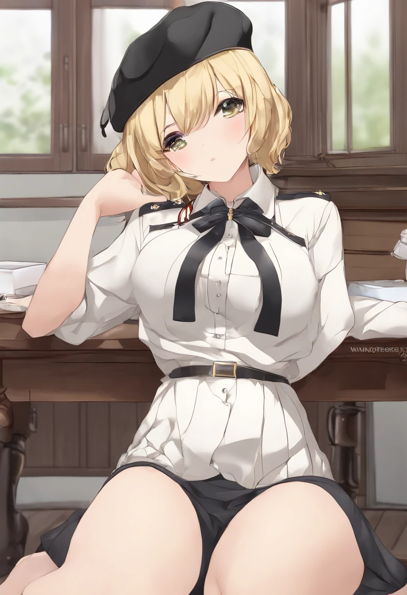 A girl sitting on a desk, school, classroom, spread legs, white panties, pervert, ultra detailed, (beret:1.8), (iwanagadress:1.2), (iwanagakotoko:0.9), iwanaga kotoko, beautiful body, beautiful face, good anatomy, white stockings, white panties, blonde hair, short hair, embarassed look, blushing, hand covering mouth, looking away, bdsm, hands tied together, rope, hands tied with ropes, restraint, tied up, tied hands, wrist tied, rope on wrist, wrist together, bondage, suspended, rope, bound wrist, bound hands, bound legs, restrained body, bdsm fetish, arms behind back, arms tied back naked pussy showing