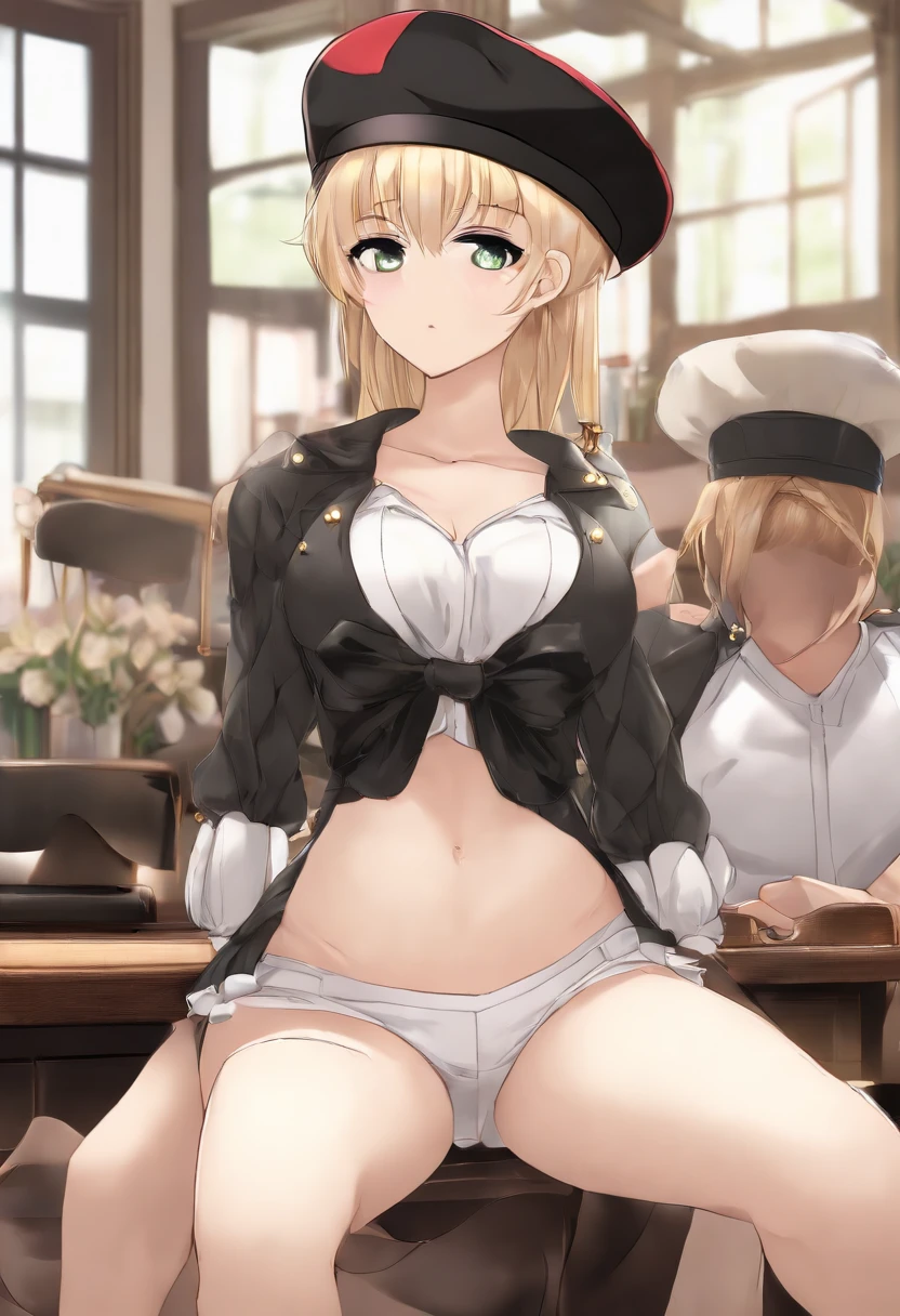 A girl sitting on a desk, school, classroom, spread legs, white panties, pervert, ultra detailed, (beret:1.8), (iwanagadress:1.2), (iwanagakotoko:0.9), iwanaga kotoko, beautiful body, beautiful face, good anatomy, white stockings, white panties, blonde hair, short hair, embarassed look, blushing, hand covering mouth, looking away, bdsm, hands tied together, rope, hands tied with ropes, restraint, tied up, tied hands, wrist tied, rope on wrist, wrist together, bondage, suspended, rope, bound wrist, bound hands, bound legs, restrained body, bdsm fetish, arms behind back, arms tied back naked pussy showing