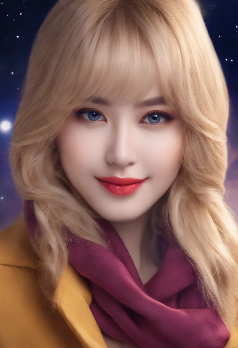 1girl, ahoge, bangs, blonde hair, blowing kiss, blue eyes, blue scarf, brown scarf, cleavage, closed mouth, eyelashes, face, floating hair, hair between eyes, heart, lips, lipstick, long hair, looking at viewer, makeup, night sky, nose, one eye closed, orange scarf, pink lips, pink scarf, portrait, purple eyes, realistic, red lips, red scarf, scarf, signature, smile, solo, space, spoken heart, star (sky), starry sky, upper body, watermark, yang xiao long, yellow scarf