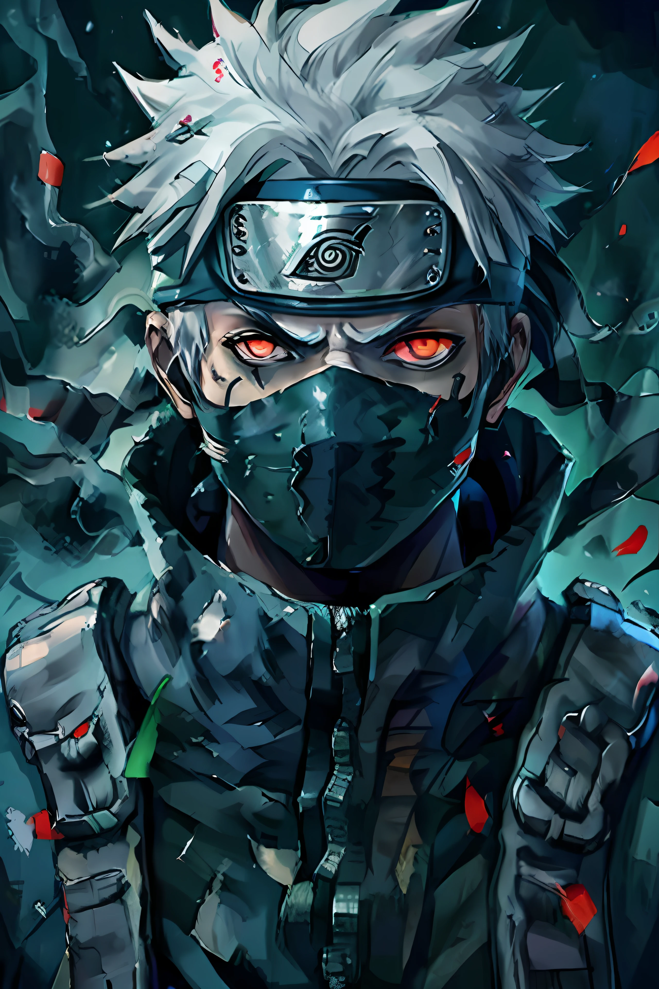 Kakashi, 1boy, solo, male focus, glow, red eyes, heterochromatic, looking at the audience, glowing eyes, scars, ninjas, glowing eyes, scars on face, thunderbolt