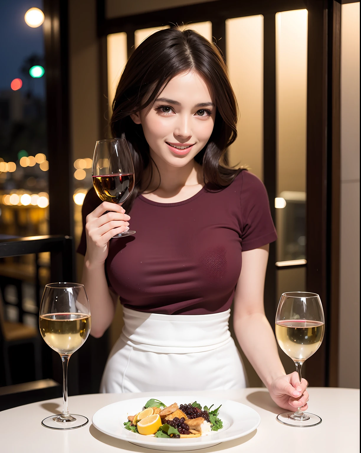 ((Highest quality、8K、masterpiece:1.3))、cute、slimカップル、modelカップル、actress男優、(Realistic, Intricate details:1.2), full-course dinner、Wine Party、Amazing view of the sunset sky and clouds、A bright smile、short hair,Bright Face、 (Age 37), Age 42, red wine 、Appetizers、Italian food、Wine bottle、Champagne、sparkling wine、Two beauties、Brown Hair、Shortcuts、Long sleeve shirt、dress、Beautiful woman 1, (slimな顔), (The body is slim), (Brown Hair), (Shortcuts), cheeks turn a little red,Attractive beauty、restaurant, In a prominent place (From the waist up) Nova Frog Style, actress, model, Upper Body, White wine, slim, wine glass, 中央に置かれたwine glass, smile, (smile: 1.15), Beautiful fine grain, Depth f/2,saturation, High Contrast, Strong light and shadow,Moist Body:1.5、3D texture、Delicate eyes、Brown Hair、The hair is very shiny、