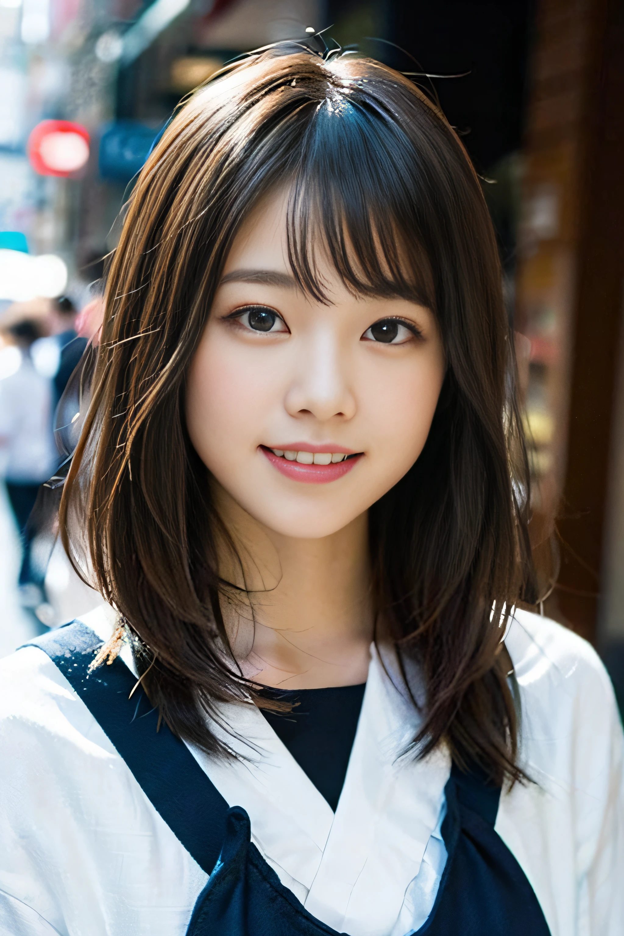 (8K、Raw photography、top-quality、masterpiece:1.2)、(realisitic、Photorealsitic:1.37)、ultra-detailliert、超A high resolution、女の子1人、see the beholder、beautifull detailed face、A smile、Constriction、(Slim waist) :1.3)、Beautiful detailed skin、Skin Texture、Floating hair、Professional Lighting、Whole human body、Longhaire、a blond、japanese hight school uniform、a sailor suit、In the street、Bob Hair、Happy smile、sixteen years old
