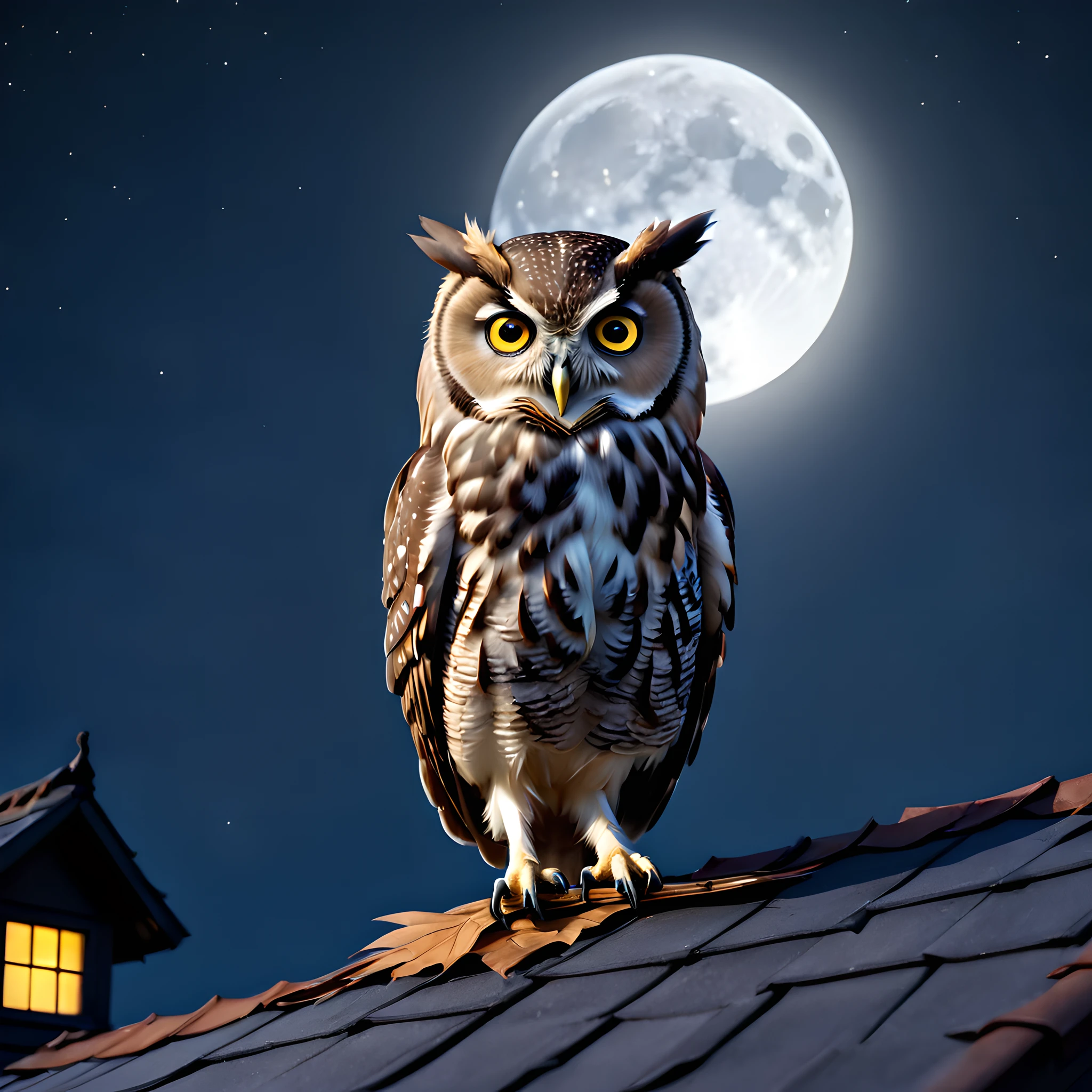 An owl perched on the roof、natta、Full Moon Night、Halloween、