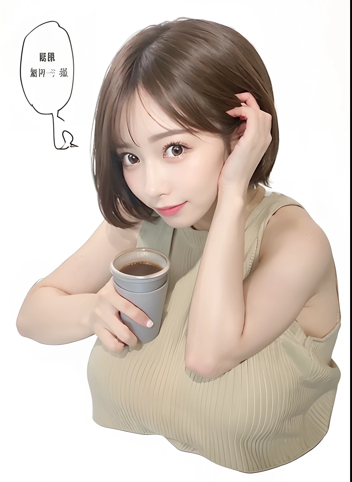 1girl, short hair, brown hair, big boobs, grey mini dress, holding cup of coffee, realistic, ultra detail, 70mm lens