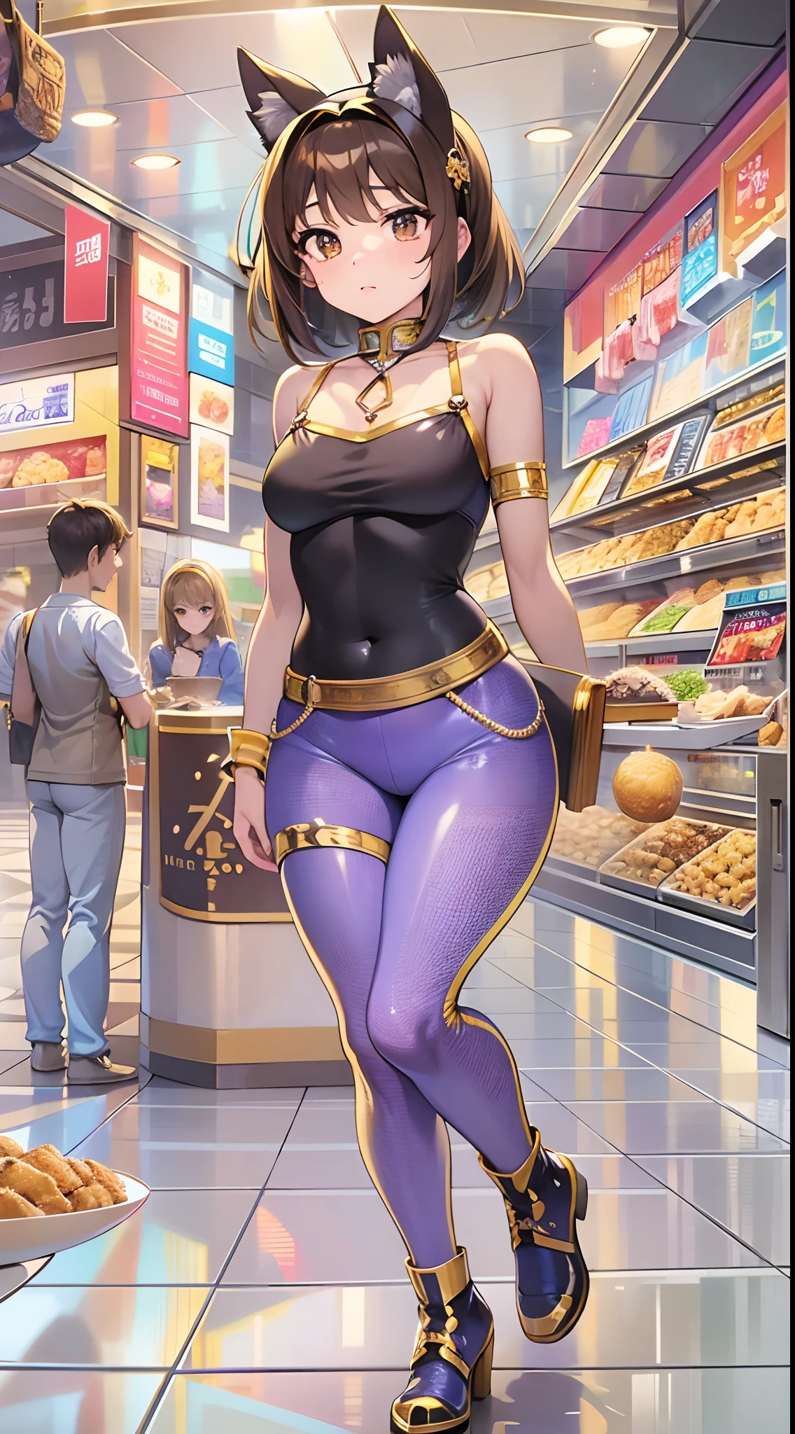 ((Masterpiece)), best quality, absurderes, ultra detailed, holographic, cowboy shot, dynamic pose, golden ratio, super cute girl, mature girl, extremely beautiful, super beautiful asian girl with super beautiful brown shiny eyes, super petite and sexy body, super beautiful legs, super beautiful brown multicolored short hair, high ponytail, shiny and super beautiful skin, nice and sexy body, slim and delicate body, perfect body, wearing a super tight black short sleeve crop top, bare shoulders, super tight translucid black leggings, hot panties, fox hairband, being photographed in a popular kawaii food court