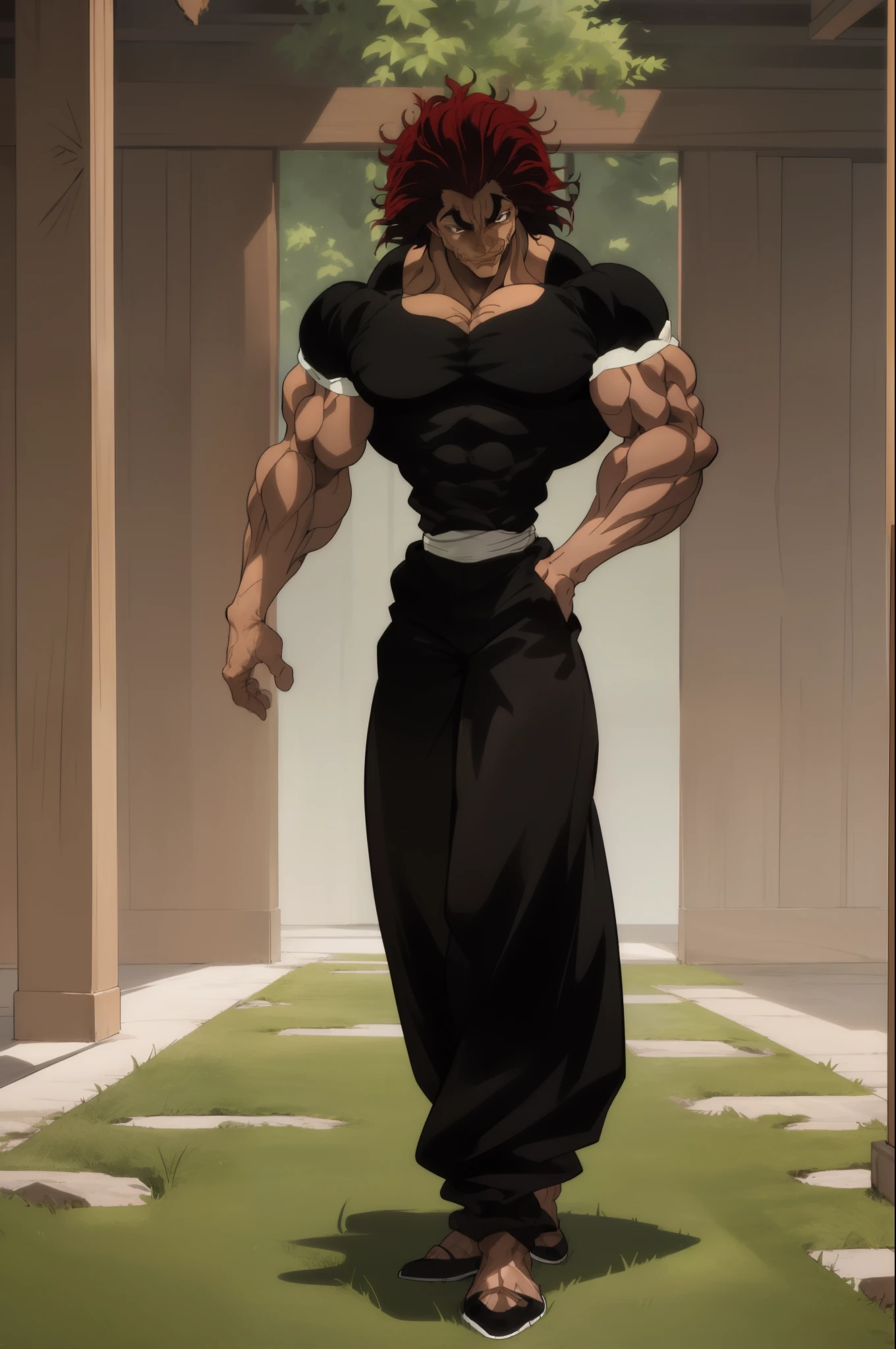 High quality, (Beautiful), ((masterpiece)),vibrant colors, YujiroHanma, 1boy, male focus, solo, black shirt, muscular male, red hair, manly, black pants, black slippers, veins, pupils, brown eyes,smile,(((full body))),looking at viewer, grassy field,