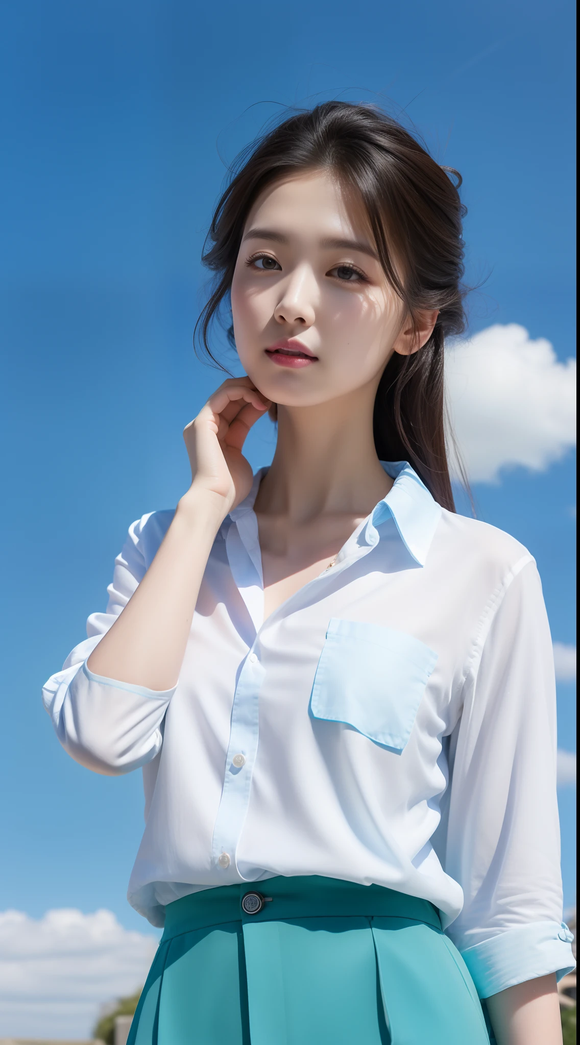 photograph realistic, Layered hair, White skin, Thin makeup, 32 inch chest size, upper body portrait, sparkle, UHD, Sunny weather, smaller face, (Button-up shirt), (Dolphin pants), (Huge unmanned blue sky), (Clumping clouds),