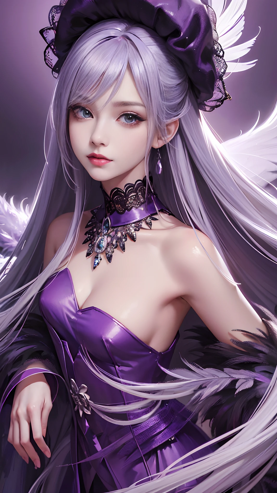 Drawing a woman with long hair and a feather hat, detailed portrait of anime girl, portrait anime girl, Artgerm. High detail, stunning anime face portrait, small breasts, digital anime art, art germ. Anime illustration, detailed digital anime art, anime girl portrait, purple dress, realistic digital art 4k, realistic digital art 4k, realistic, aesthetic,