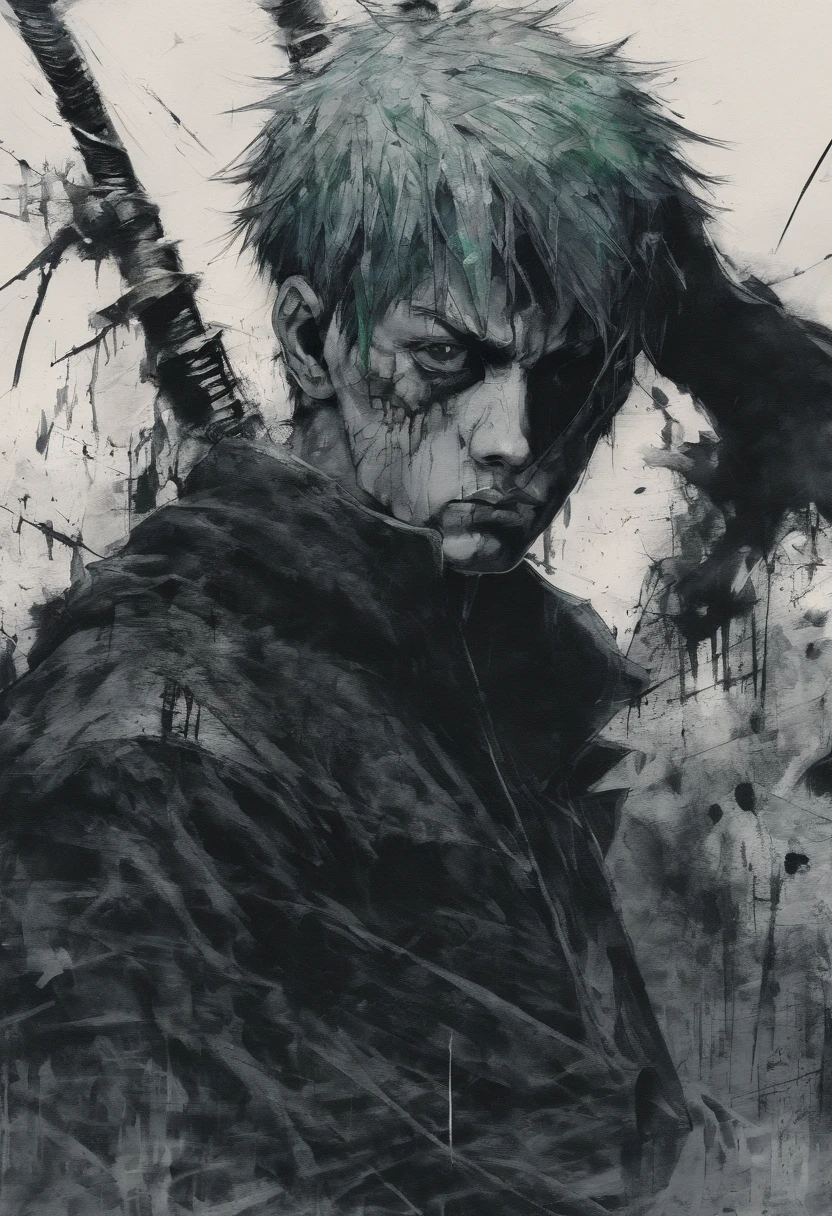 Roronoa Zoro a boy from anime, green hair, Perfect centralization, coelho (franco)de Donnie, Standing position, beleza abstrata, Centrado, looking at the camera, Facing the camera, nearing perfection, triste, desespero, corpo inteiro, hands on her head, Dynamic, altamente detalhado, liso, foco nítido, 8k, high-definition resolution, illustration, arte de Carne Griffiths e Wadim Kashin, fundo branco