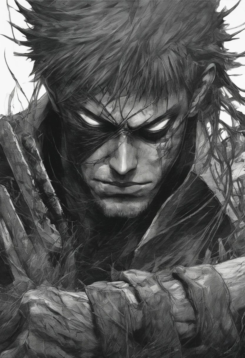 Roronoa Zoro a boy from anime, green hair, Perfect centralization, coelho (franco)de Donnie, Standing position, beleza abstrata, Centrado, looking at the camera, Facing the camera, nearing perfection, triste, desespero, corpo inteiro, hands on her head, Dynamic, altamente detalhado, liso, foco nítido, 8k, high-definition resolution, illustration, arte de Carne Griffiths e Wadim Kashin, fundo branco