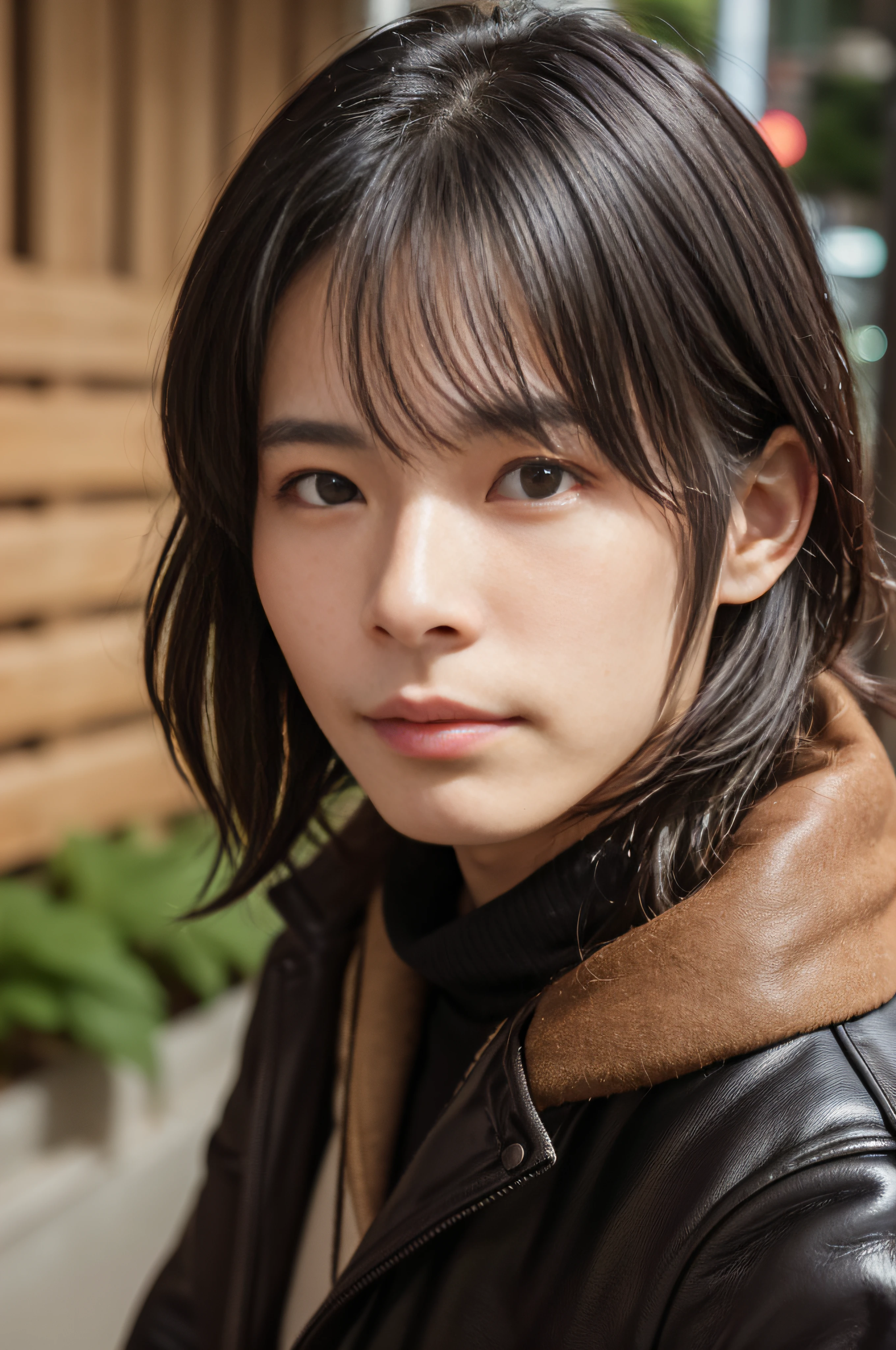 1girl, black_hair, blurry, blurry_background, blurry_foreground, brown_eyes, depth_of_field, eyelashes, lens_flare, lips, looking_at_viewer, mole, mole_under_eye, nose, realistic, solo