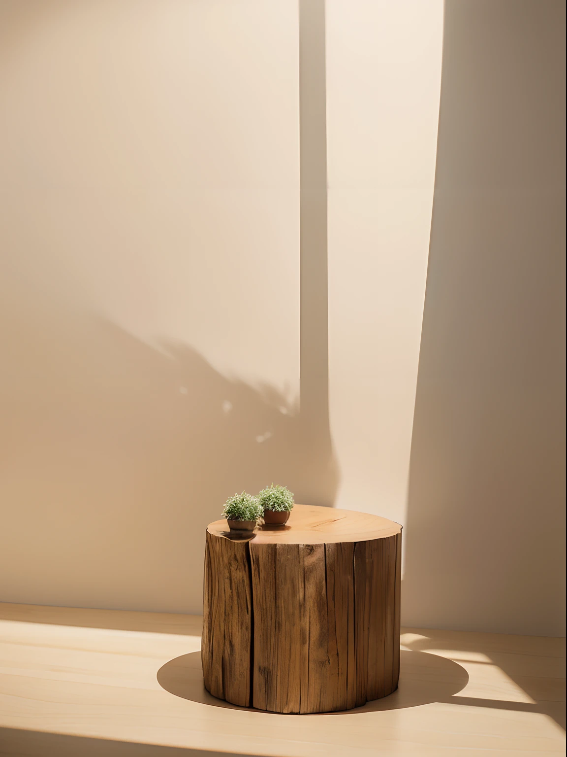 flattened wooden tree,shadowed stump,thin disc-shaped base,palm leaves casting delicate shadows on the background beige wall,luminous shadows surrounding the tree,commercial photography aesthetic with a focus on textures and layers,big empty space emphasizing the tree as the central subject,minimalist composition with clean lines,artistic lighting creating a tabletop photography effect (best quality,4k,8k,highres,masterpiece:1.2),ultra-detailed portrayal to bring out the intricate textures of the wooden surface (realistic,photorealistic,photo-realistic:1.37), HDR and UHD enhancements to enhance the tones and sharpness,professional shot with vivid colors and studio lighting,concept artists-inspired styling to bring out the artistic flair of the scene.