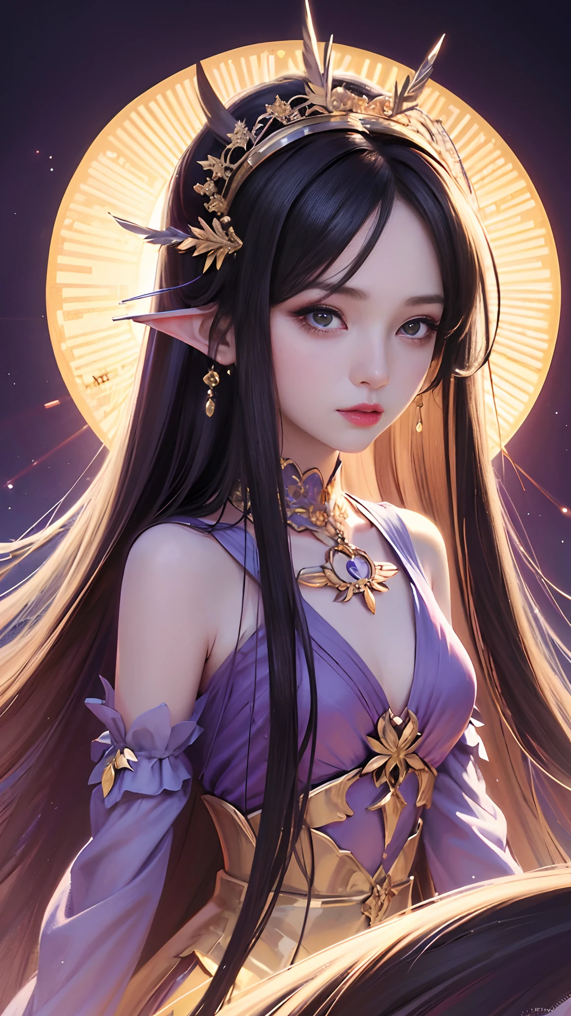 Drawing a woman with long hair and a feather hat, detailed portrait of anime girl, portrait anime girl, Artgerm. High detail, stunning anime face portrait, small breasts, digital anime art, art germ. Anime illustration, detailed digital anime art, anime girl portrait, purple dress, realistic digital art 4k, realistic digital art 4k, realistic, aesthetic,