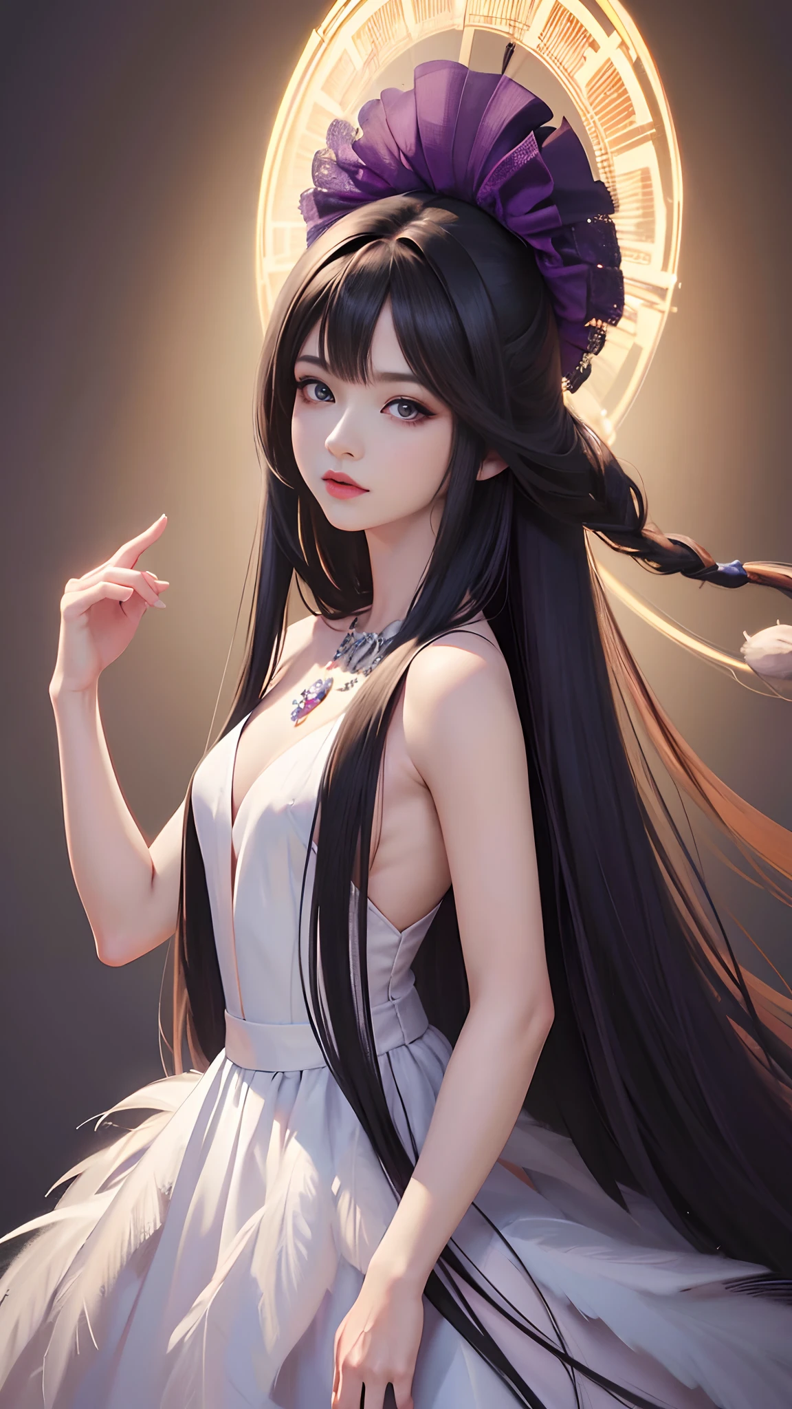 Drawing a woman with long hair and a feather hat, detailed portrait of anime girl, portrait anime girl, Artgerm. High detail, stunning anime face portrait, small breasts, digital anime art, art germ. Anime illustration, detailed digital anime art, anime girl portrait, purple dress, realistic digital art 4k, realistic digital art 4k, realistic, aesthetic,