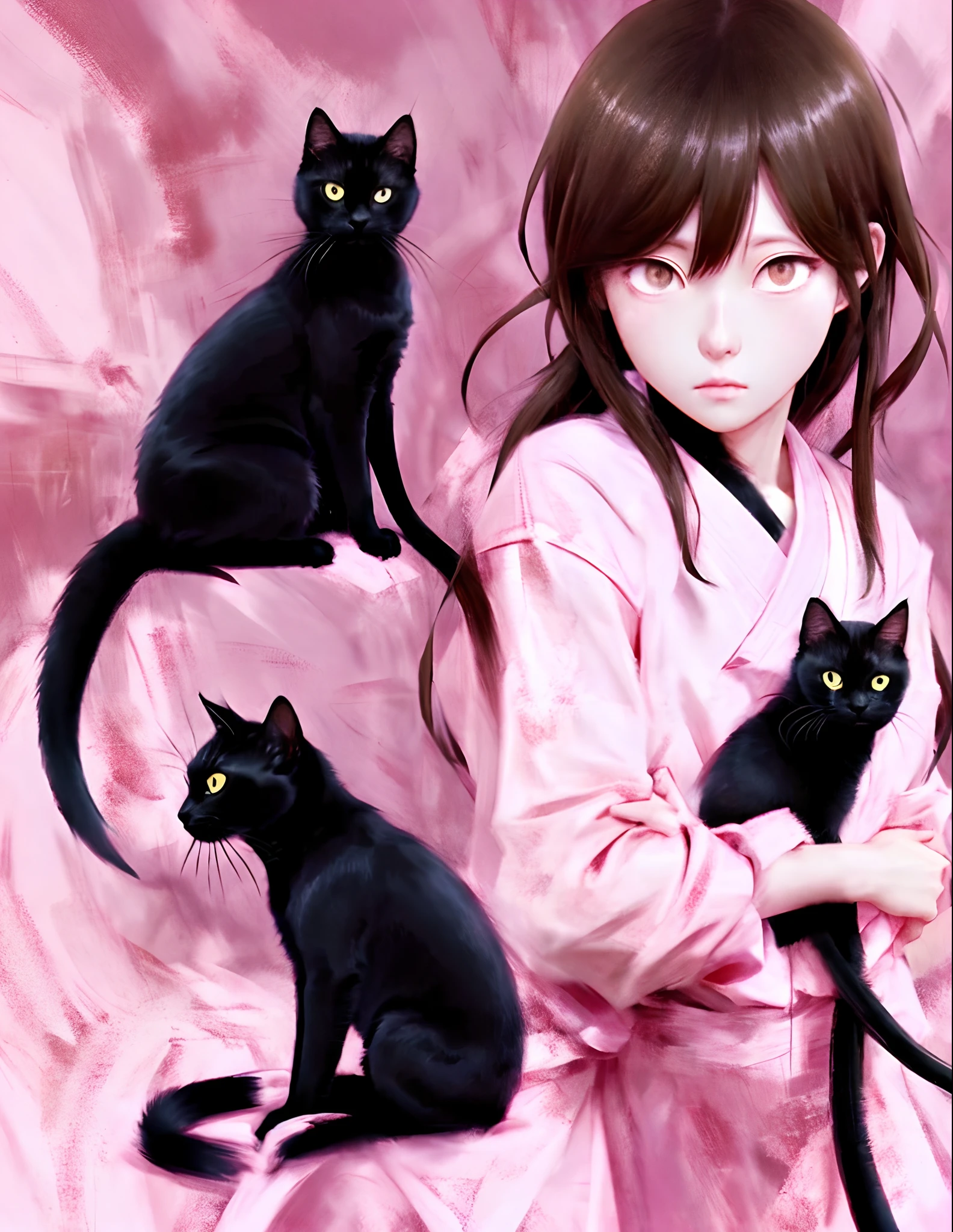 Girl with long Brown hair, black cat, pink shirt, jujutsu kaisen