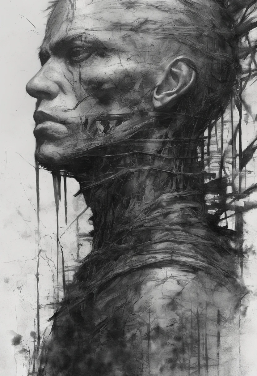 a black male cyborg, Perfect centralization, coelho (franco)de Donnie, Standing position, beleza abstrata, Centrado, looking at the camera, Facing the camera, nearing perfection, triste, desespero, corpo inteiro, hands on her head, Dynamic, altamente detalhado, liso, foco nítido, 8k, high-definition resolution, illustration, arte de Carne Griffiths e Wadim Kashin, fundo branco