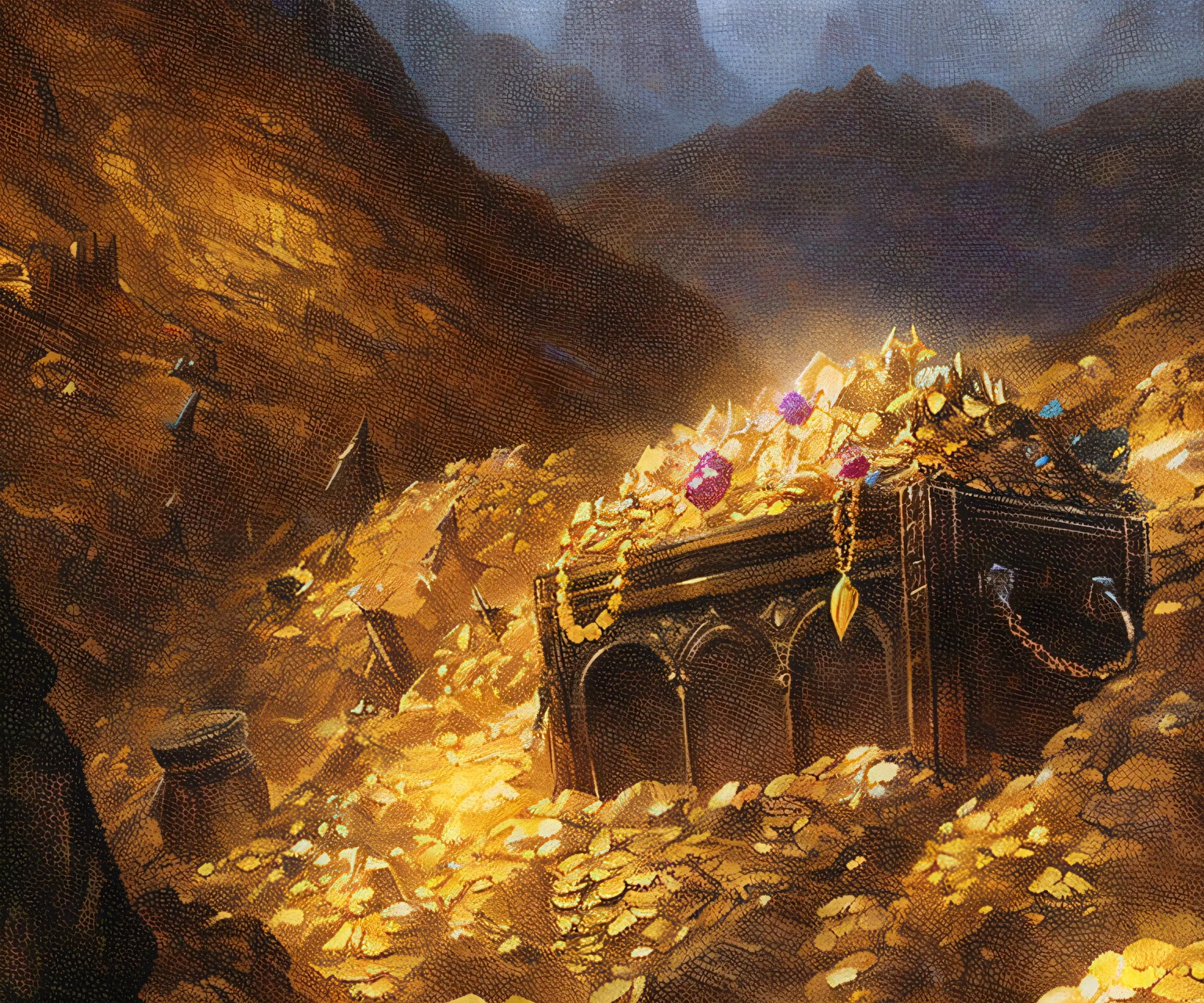 Painting of a chest full of gold on a mountain, looming over a horde of gold, gold and treasure, treasures, silvain sarrailh, Tolkien Art, collectible card art, tyler edlin fantasy art, magic the gathering card art, amazingly detailed d & D art, epic fantasty card game art, epic fantasy card game art