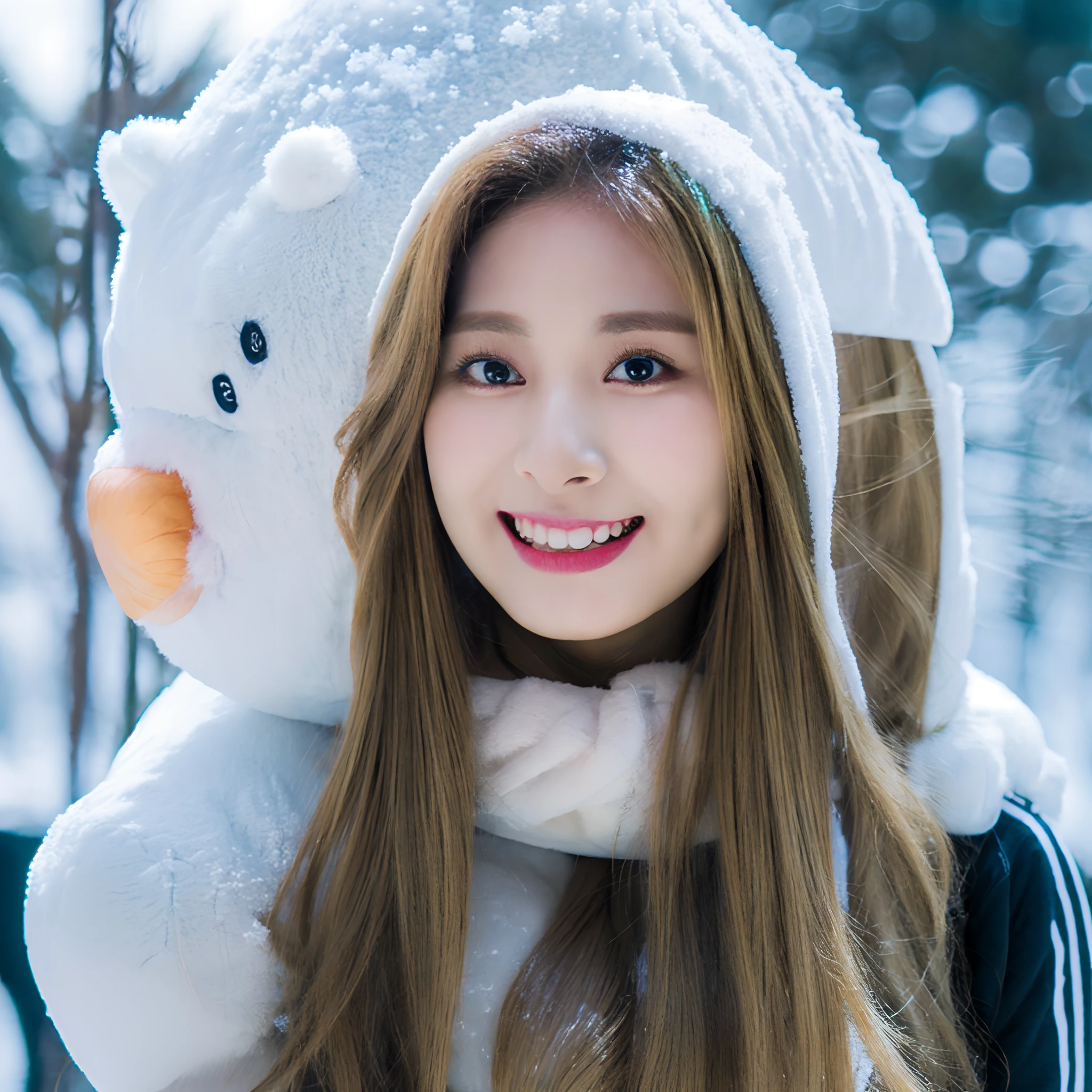 A hijab woman relaxing with a giant snow bear