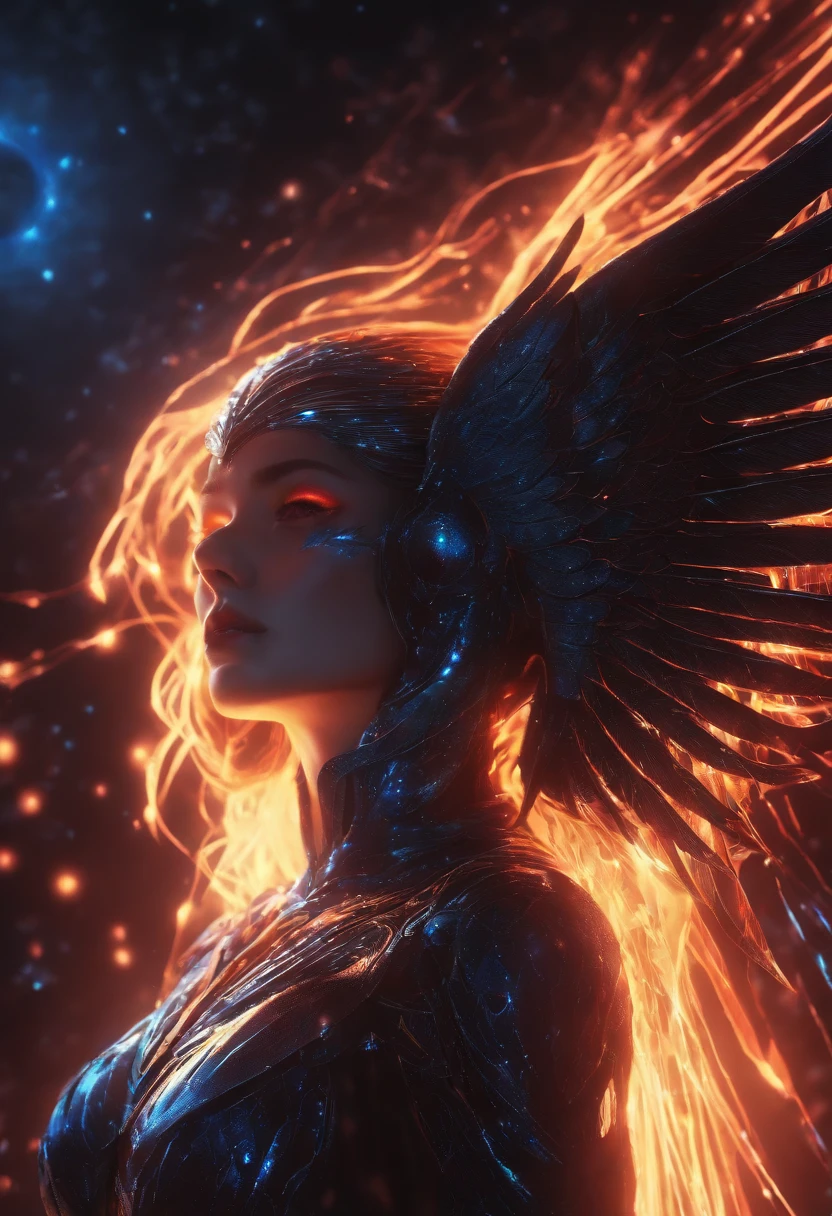 (1980s anime), Cosmic female Fallen Angel, glowing light eyes, Biomechanical, eerie, Creepy, nightmarish, Very bright colors, Light particles, with light glowing, Mshiff, wallpaper art, UHD wallpaper