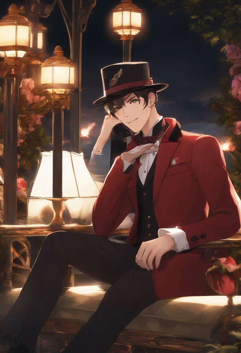 Best quality, Masterpiece, CIELV2, 1boys, Solo, view the viewer, Light smile, Hat, Coat, formal,Sitting