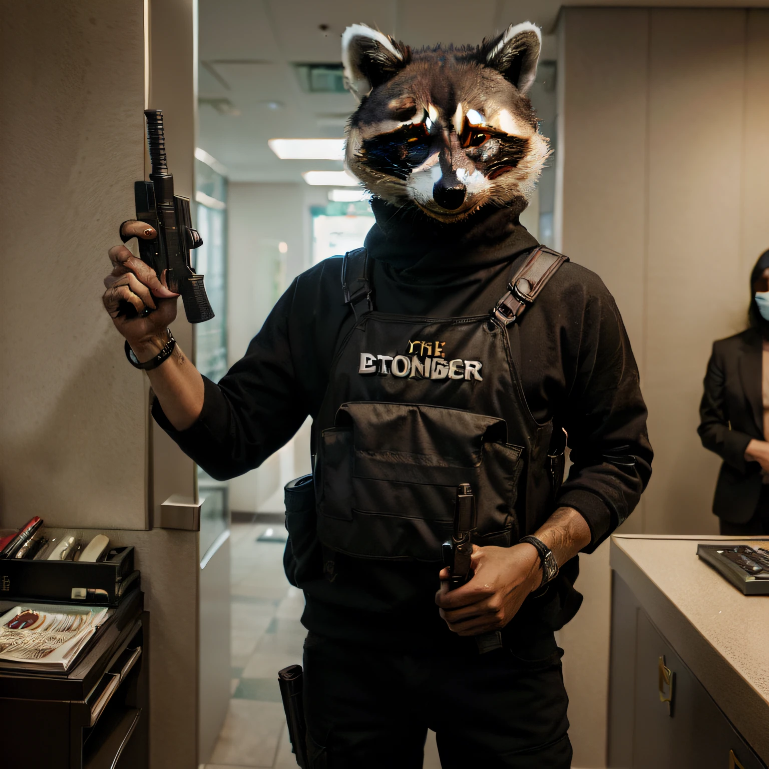 ((((In the bank))). Anthropomorphic animals, The raccoon robber had a gun in his hand,Standing in the bank,Realistic style