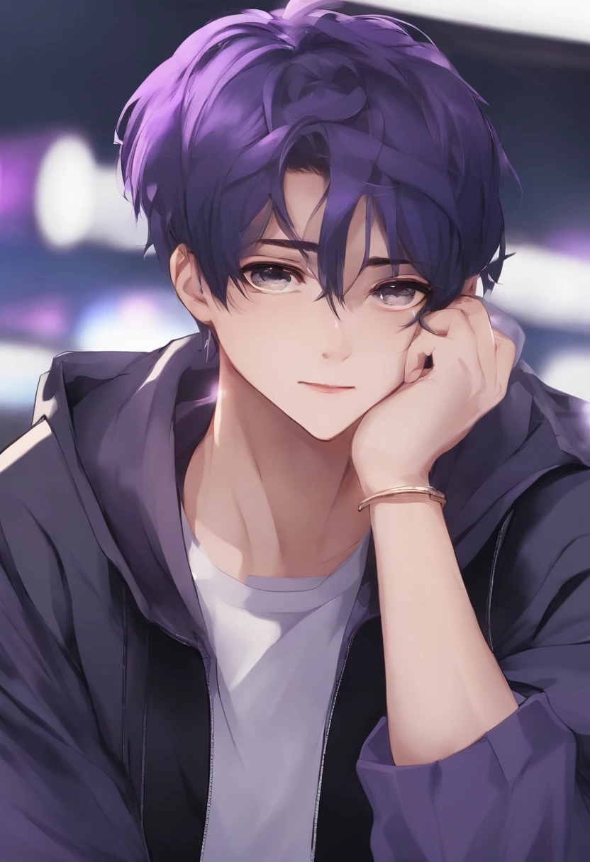 high resolution,Anime style,Super refined,of a guy,19-year-old man,esports players,The face is tender and tender,Maine Blue shines,Maine purple hair color,Black sweatshirt,Focus on the face,The left and right hands droop,I looked into the audience and smiled,Don't look at the lens,Brother next door