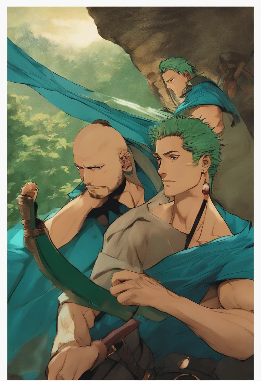 1 man, a muscular man of 30 years shirtless, muscular, full body, green hair, earring in left ear, Zoro, swordsman, soft lighting, masterpiece, best quality, 8k uhd, dslr, film grain, photorealistic painting Fujifilm XT3 art of midjourney and greg rutkowski --auto