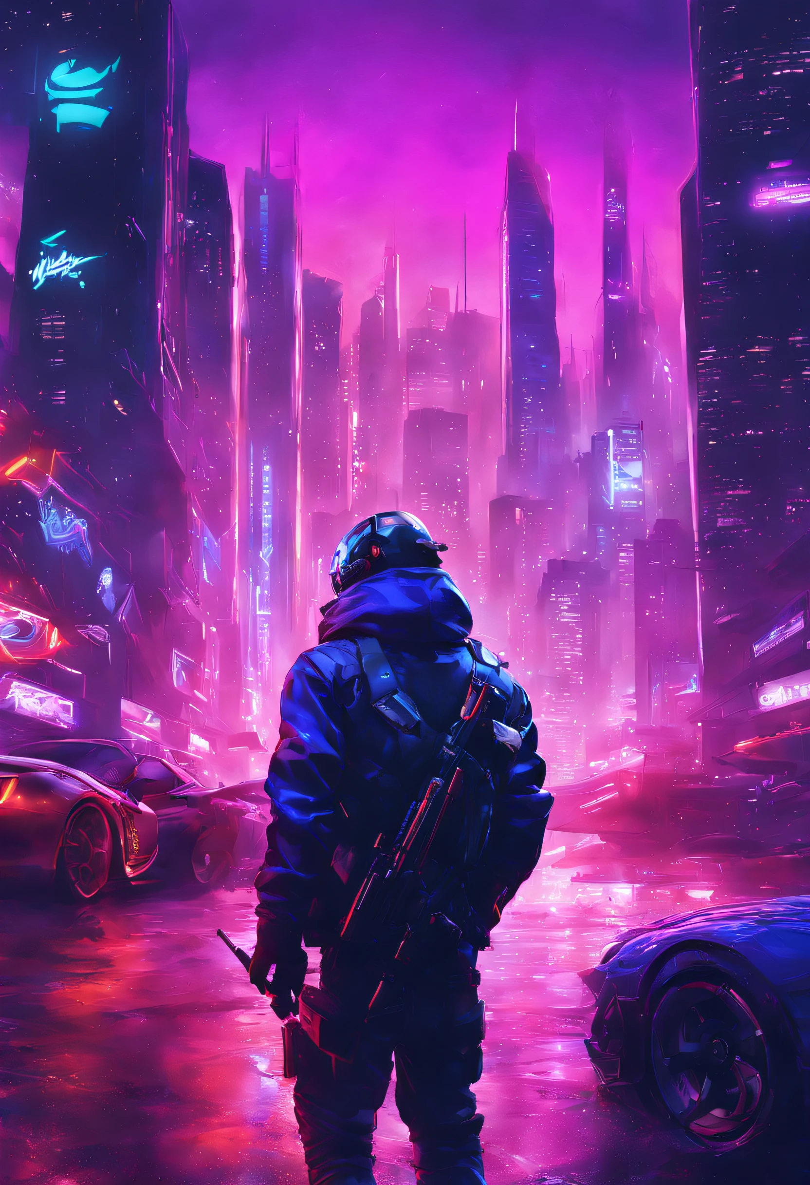 (tmasterpiece,top Quority,best qualtiy,offcial art,Beauty and aesthetics:1.2),(Blue-violet Neon Lighting),(Vibrant glow),Dynamic colors,Vivid Contrast,Futuristic atmosphere,electric energy,shiny reflective surfaces,(view over city:1.3 ),8k,offical wallpaper,(cyberpunk:1.2),future(ak47CLUBLOGO)