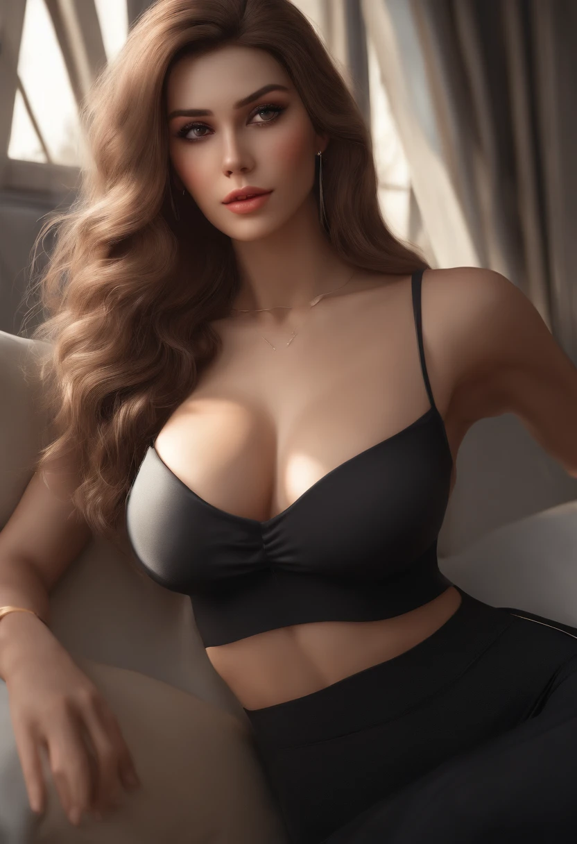 ((Best quality, 8k, Masterpiece :1.3)), 1girl, Pretty woman with emphasizing slender abs :1.3, (random hairstyles, Huge breasts :1.2), Casual outfit :1.2, Indoor, Ultra-detailed face, Detailed eyes, Double eyelid