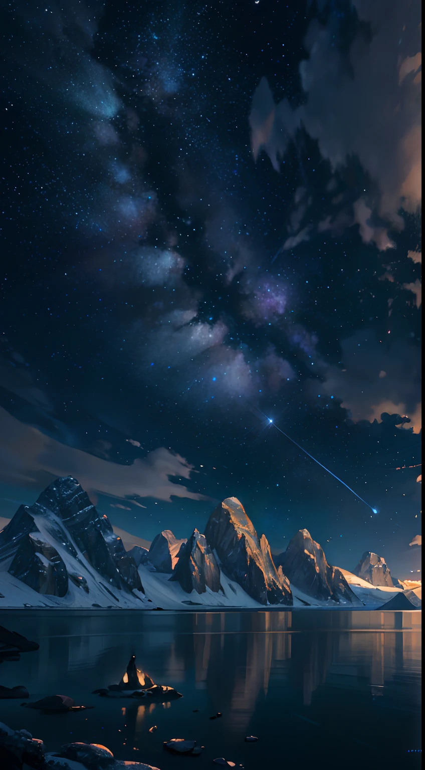 Starry Sky with Mountains and Lake, Jessica Rossier, Inspired by Jessica Rossier, Jessica Rossier Fantasy Art, Concept Art Magic Highlights, Official Artwork, Dream Painting, Ethereal Realm, Atmospheric artwork, dreamy matte paintings, serene endless stars inspired by Ted Nasmith, moonlit starry environments, epic music album covers.