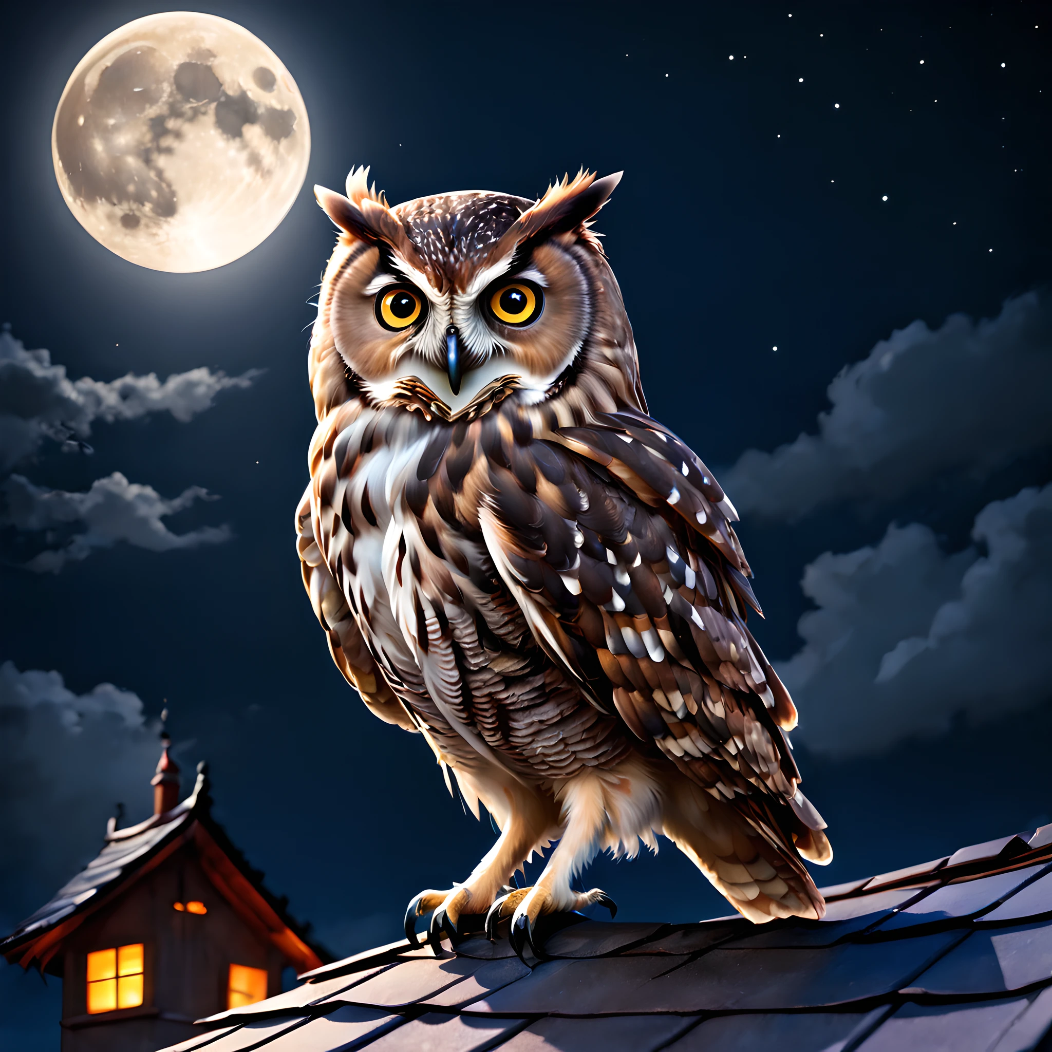 An owl perched on the roof、natta、Full Moon Night、Halloween、