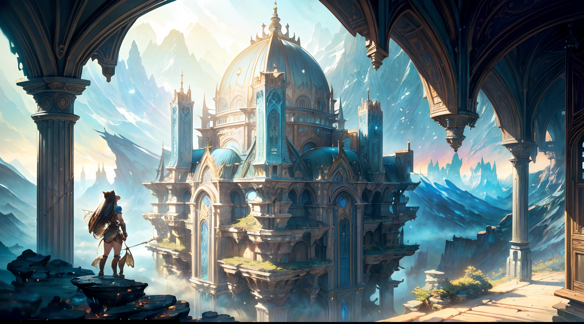 (by Greg Rutkowski: 1.2), (masterpiece), ((best quality)), extremely delicate and beautiful, illustration, 8K post-production, high resolution, hyperdetailed, depth of field, HDR, intricate, (fantasy landscape), A mesmerizing fantasy landscape with enchanting elements blending seamlessly. ((fantasy sky island, Skycity of Bhujerba from final fantasy XII)), A sense of tranquility and wonder fills the air, inviting exploration and discovery. Providing a distant view that captures the grandeur and atmosphere. From Brian Froud and Carne Griffiths and Wadim Kashin and John William Waterhouse.