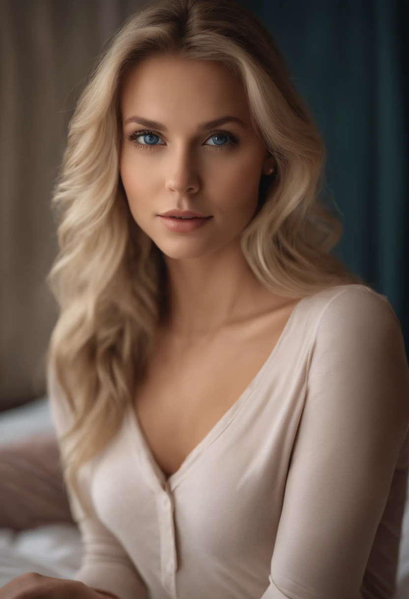 arafed woman fully , sexy girl with blue eyes, ultra realistic, meticulously detailed, portrait mikayla demaiter, blonde hair and large eyes, selfie of a young woman, bedroom eyes, corinna Kopf, without makeup, natural makeup, looking directly at the camera, face with artgram, subtle makeup, stunning full body shot kneeling on bed, in bedroom, medium to large size bust