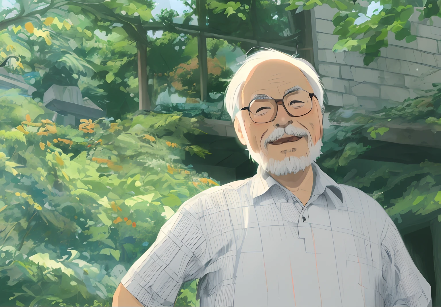 portrait of hayao miyazaki, anime style, white shirt
