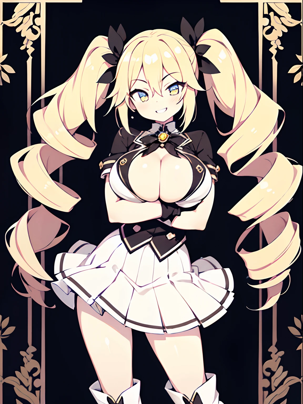 character sheet, Highly detailed and realistic CG, Colorful, Masterpiece, Best Quality, jewel-like eyes, 1girl, solo, blond hair, shiny hair, long twintails, drill hair, slender, skinny legs, white school uniform, layered skirt, luxury boots, amber eyes, huge boobs, under boobs, sagging breasts, cleavage, crossed arms, smirk, smile, jitome, half-closed eyes, standing, contrapposto, tsurime, monochrome background, white gloves, open mouth, pov, best quality eyes,
