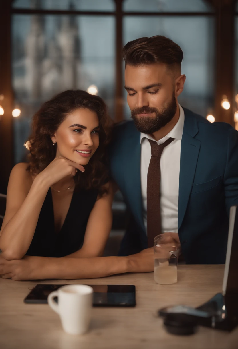 there are two people sitting at a table with a laptop, lovely couple, 8k selfie photograph, happy couple, 🤬 🤮 💕 🎀, shot on nikon z9, film grain, Fujifilm XT3 photorealistic painting art by midjourney and greg rutkowsk