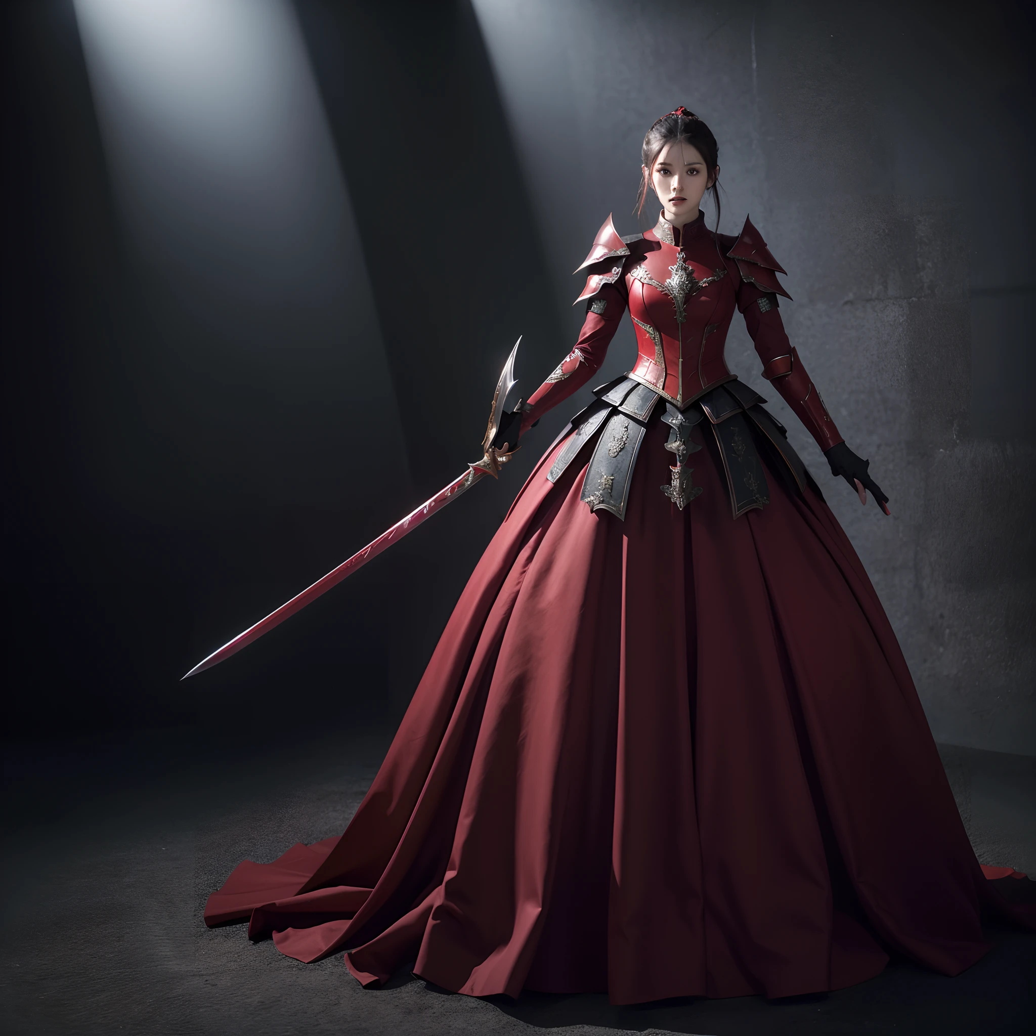 (best quality,highres:1.2),portrait,anime,detailed,beautiful,red and black armor,ballgown,standing in a majestic pose,tall and slender figure,pale skin,longsword held in both hands,reminiscent of a reversed Artoria from Fate,iron boots
