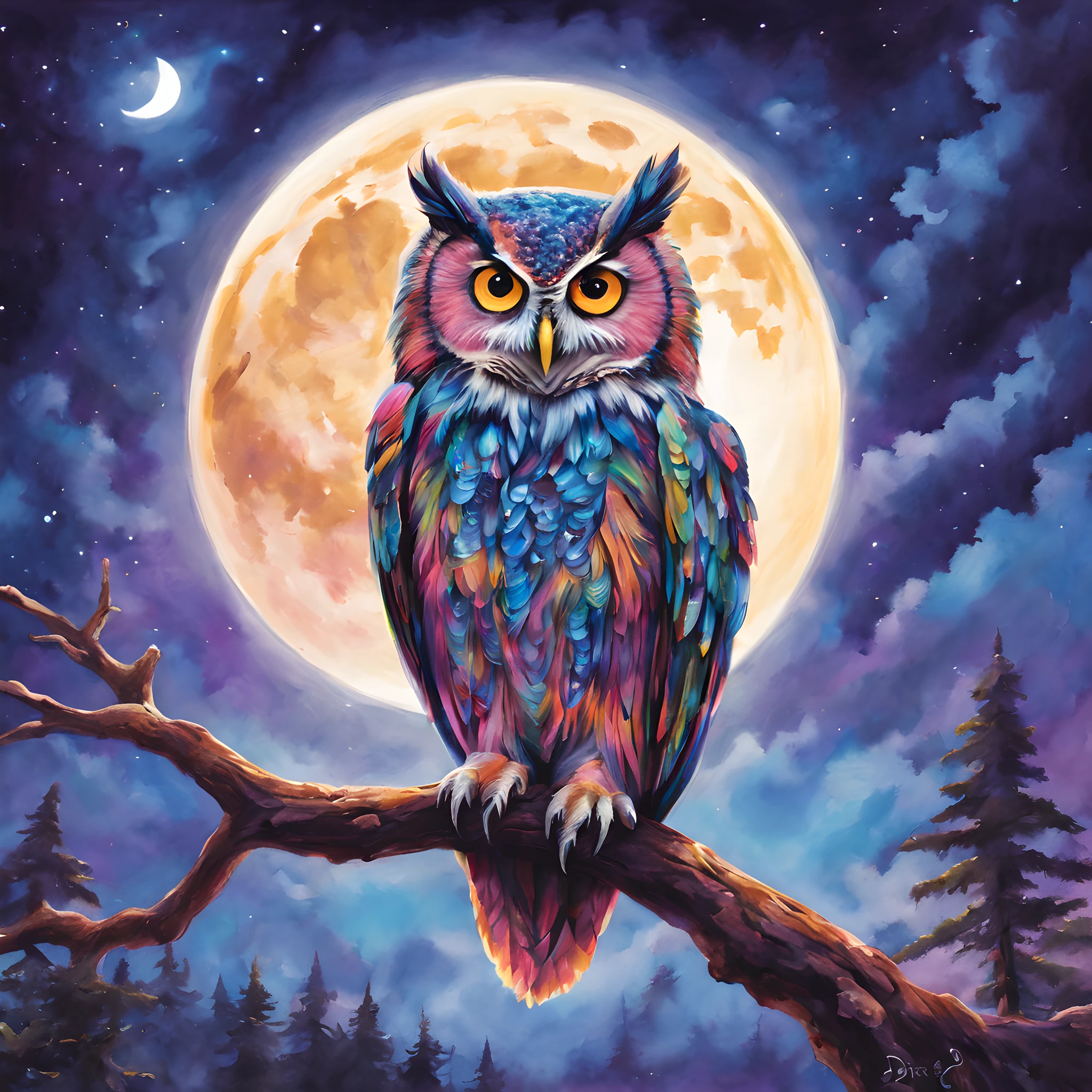 owls、Full Moon Night、Colorful owl、Harry potter、owls、Magic owl、a magical world、Fantasy World、