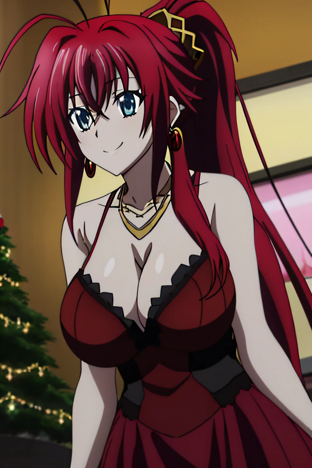 rias, 1girl, solo, long_hair, breasts, smile, blue_eyes, large_breasts, looking_at_viewer, hair_ornament, dress, cleavage, jewelry, upper_body, ponytail, ahoge, red_hair, earrings, necklace, alternate_hairstyle, red_dress, huge_ahoge