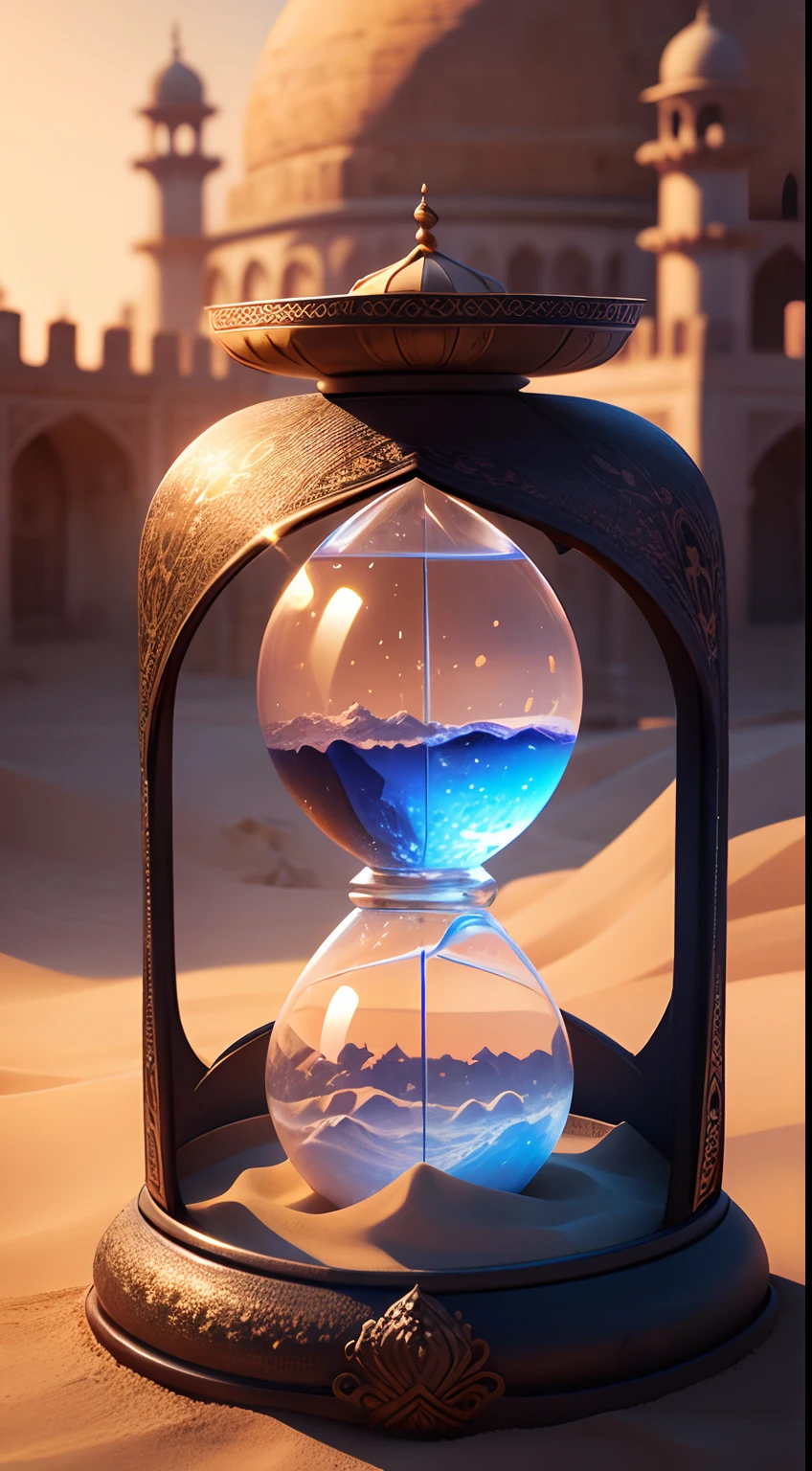 Imagine an ancient hourglass slowly releasing sand, symbolizing the end of time. and in the background, there is a beautiful realistic image of taj mahal, radiating love and compassion